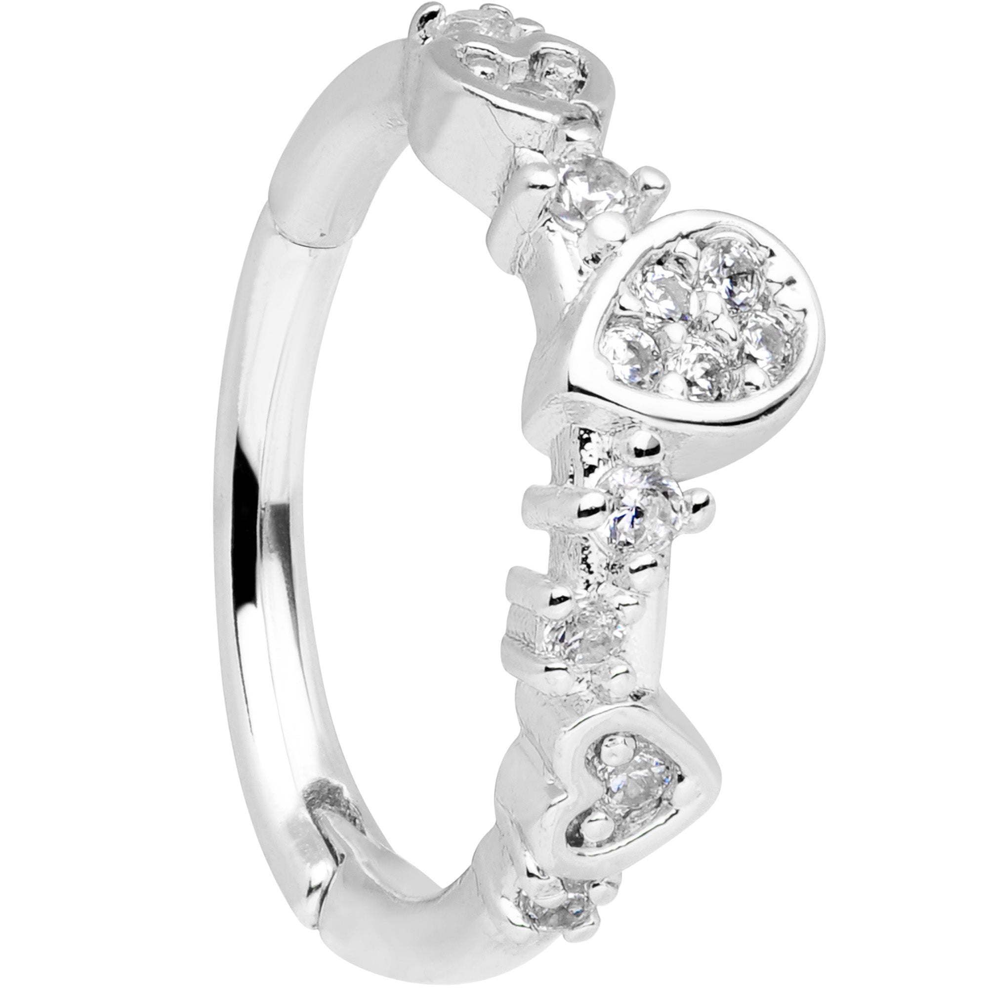 16G 3/8 Clear CZ Gem Tears Hearts Hinged Segment Ring