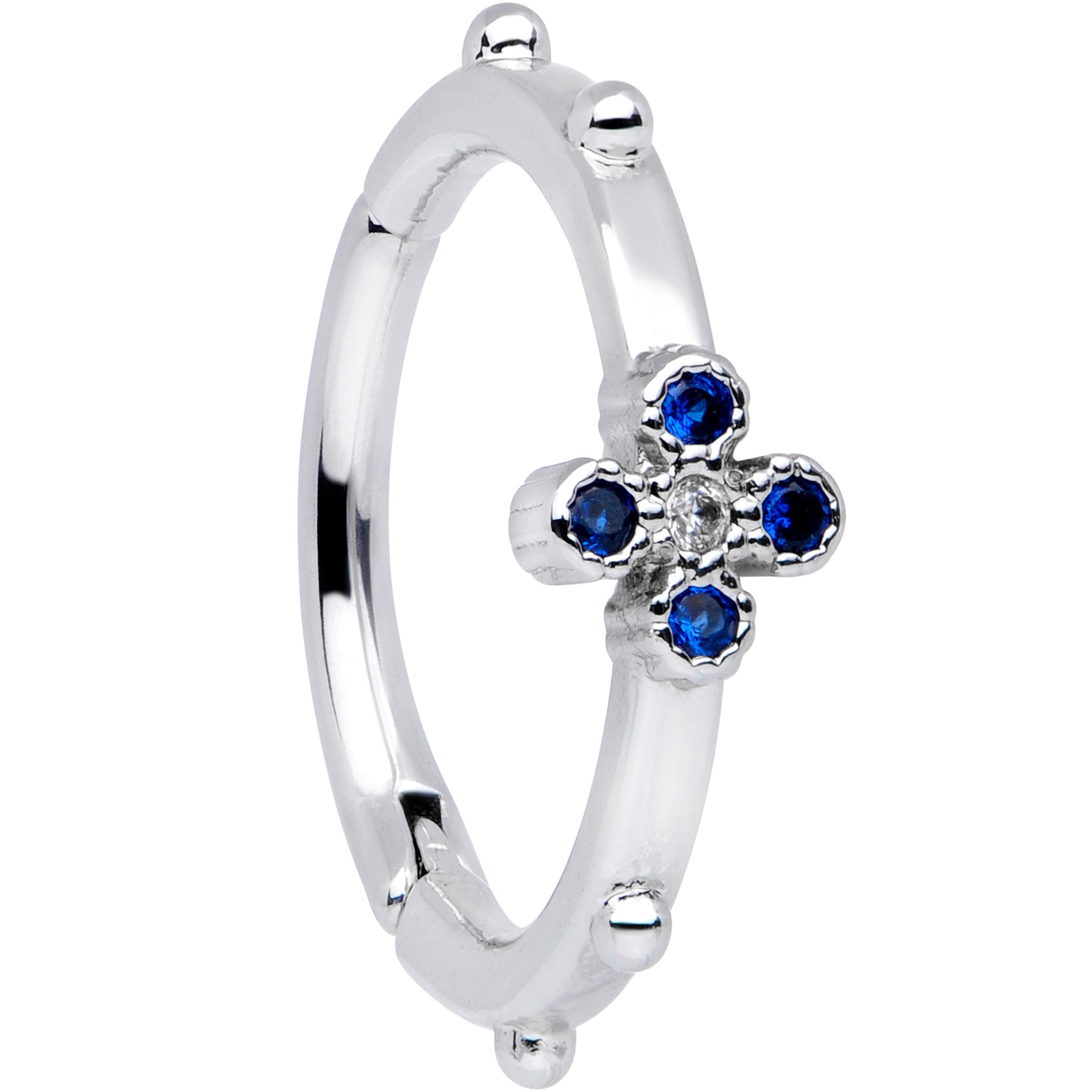 16G 3/8 Blue CZ Gem Little Flower Hinged Segment Ring