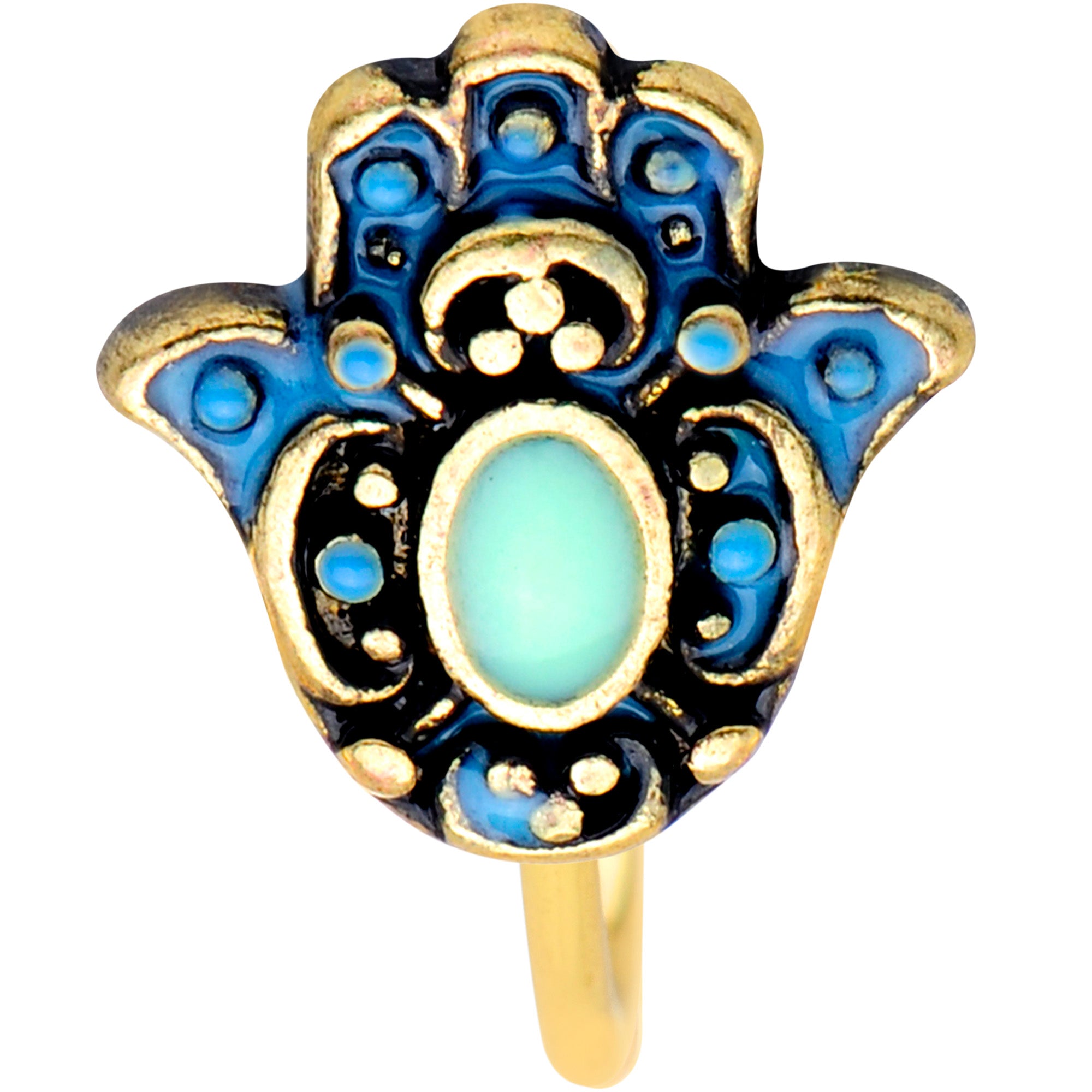 20G 5/16 Gold Tone Aqua Ornate Hamsa Hand Nose Hoop