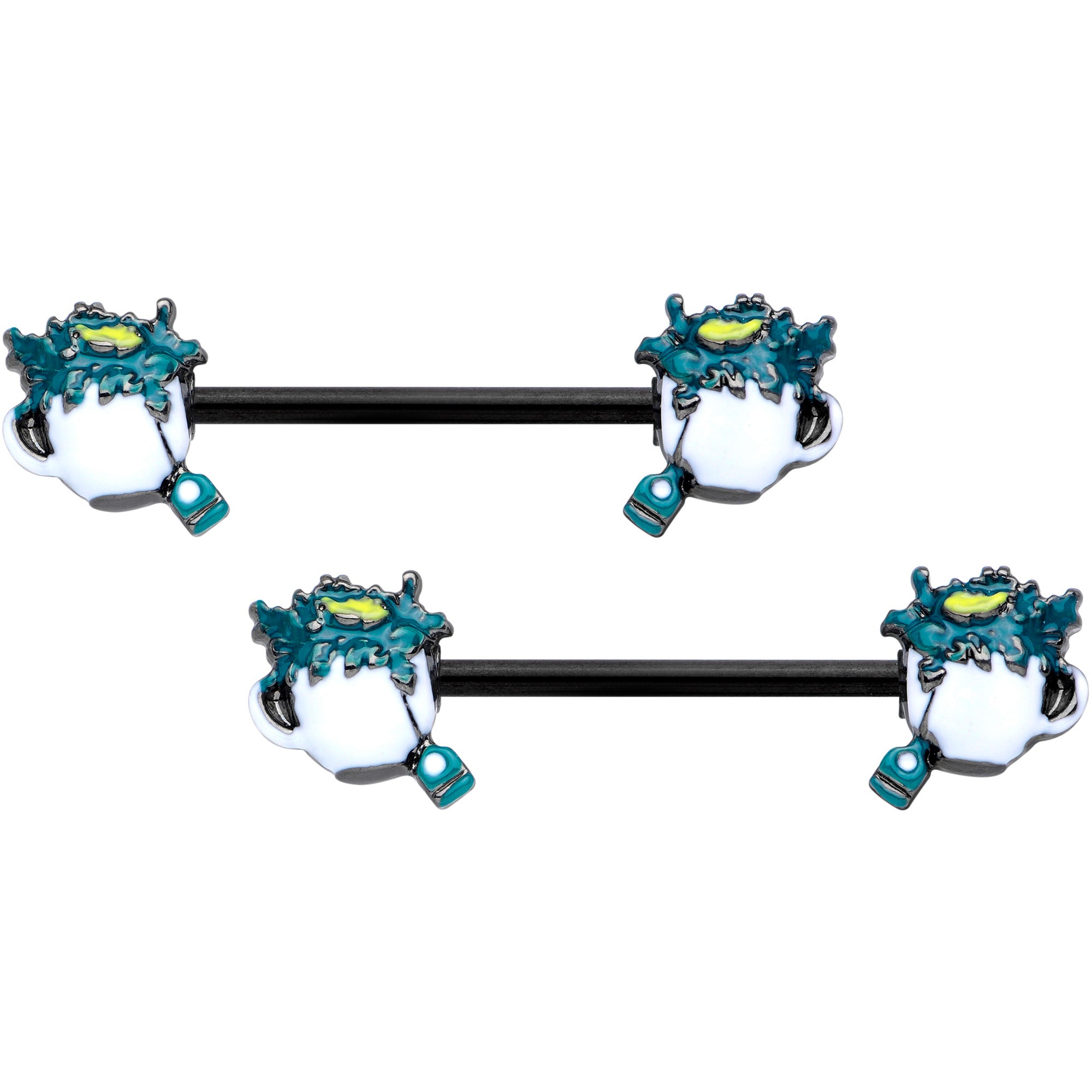 14G 9/16 Black Creepy Halloween Tea Barbell Nipple Ring Set