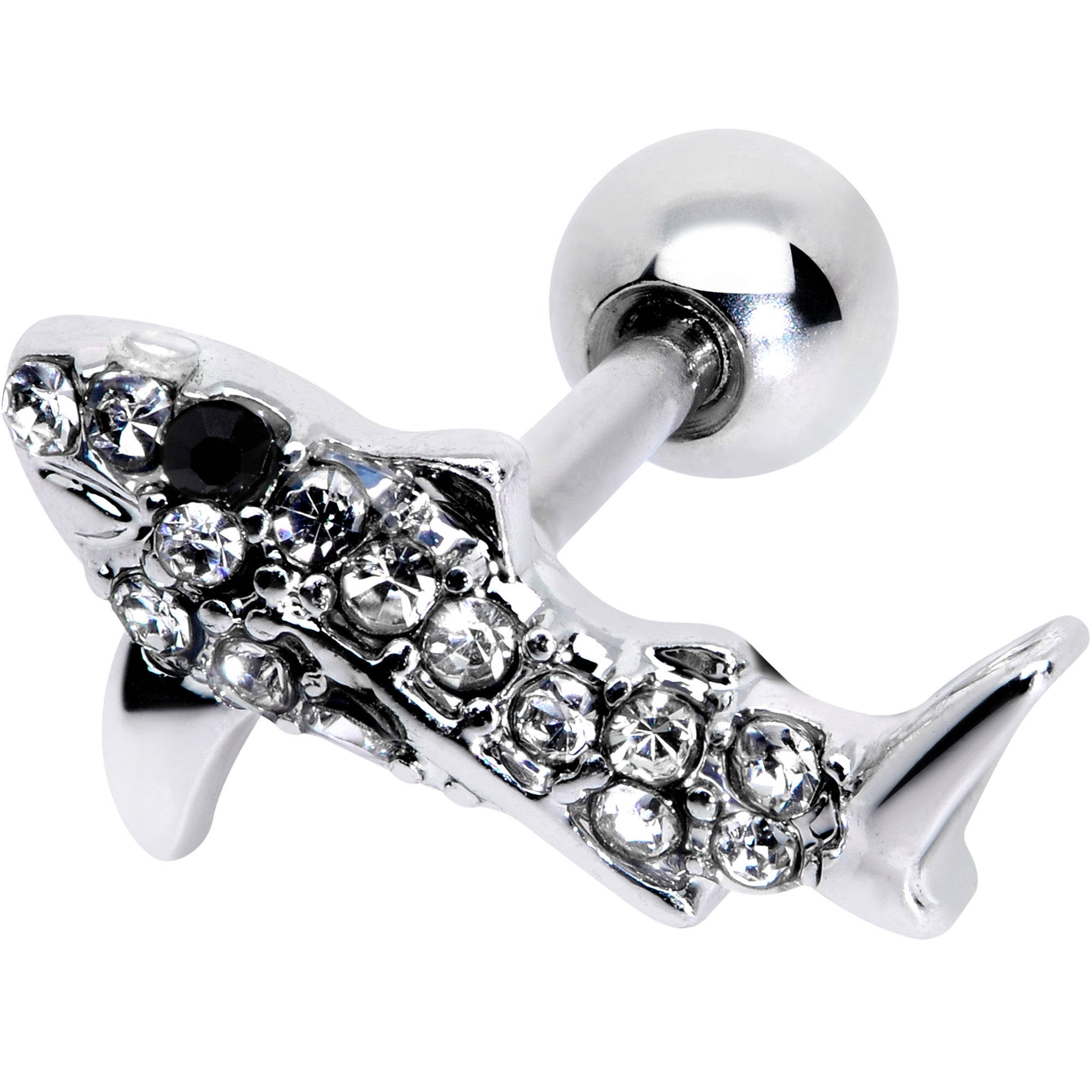 16G 1/4 Clear Black Gem Shark Cartilage Tragus Earring
