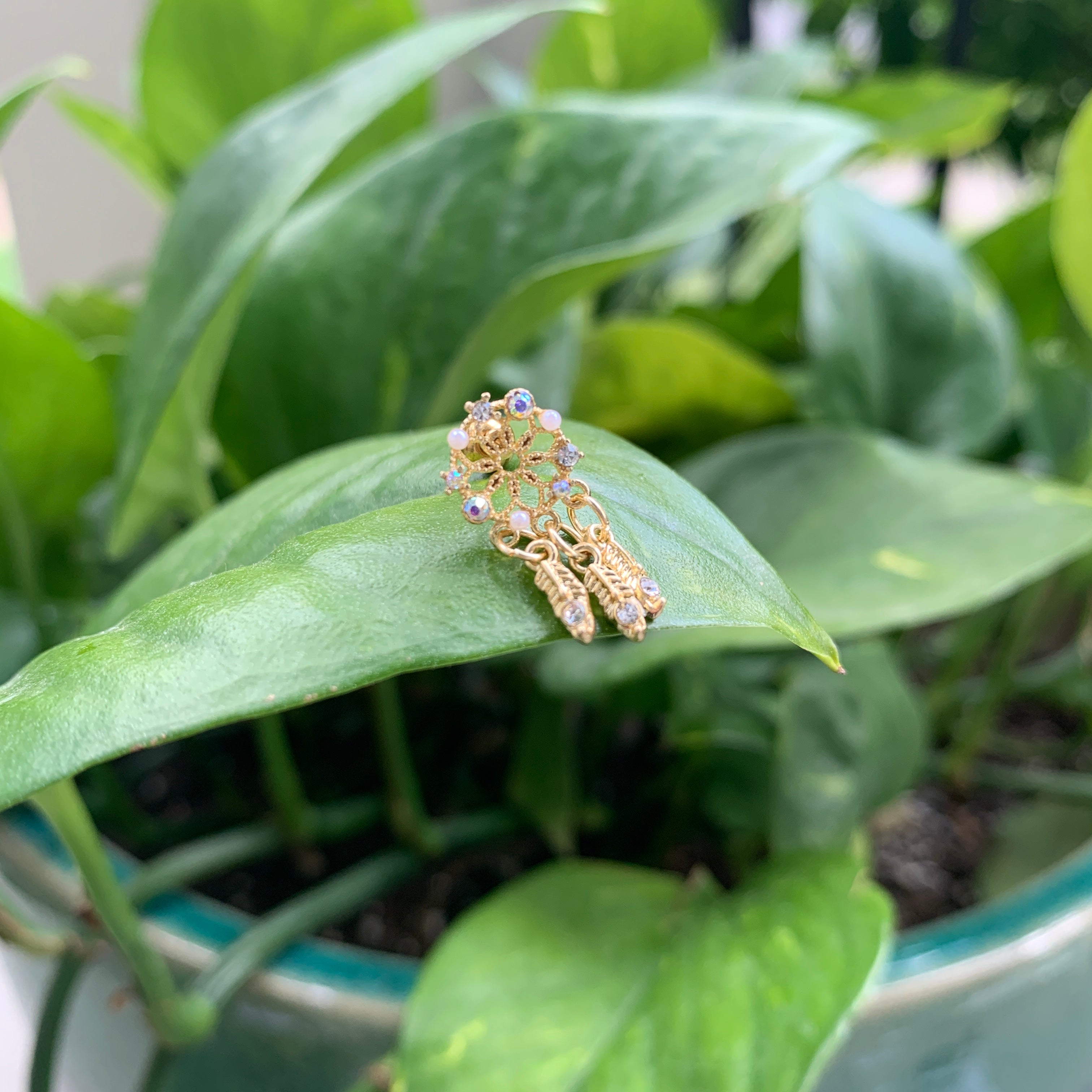 16G 1/4 Aurora CZ Gold Tone Dreamcatcher Feather Dangle Cartilage