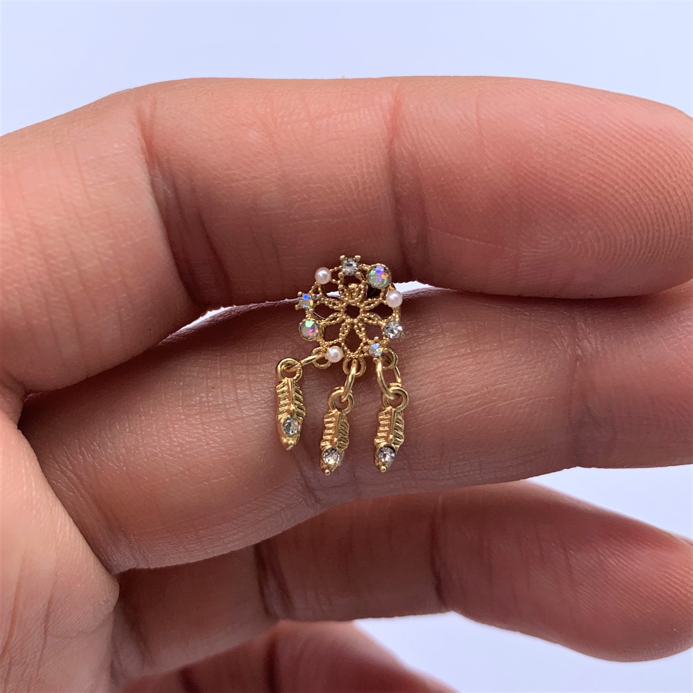 16G 1/4 Aurora CZ Gold Tone Dreamcatcher Feather Dangle Cartilage