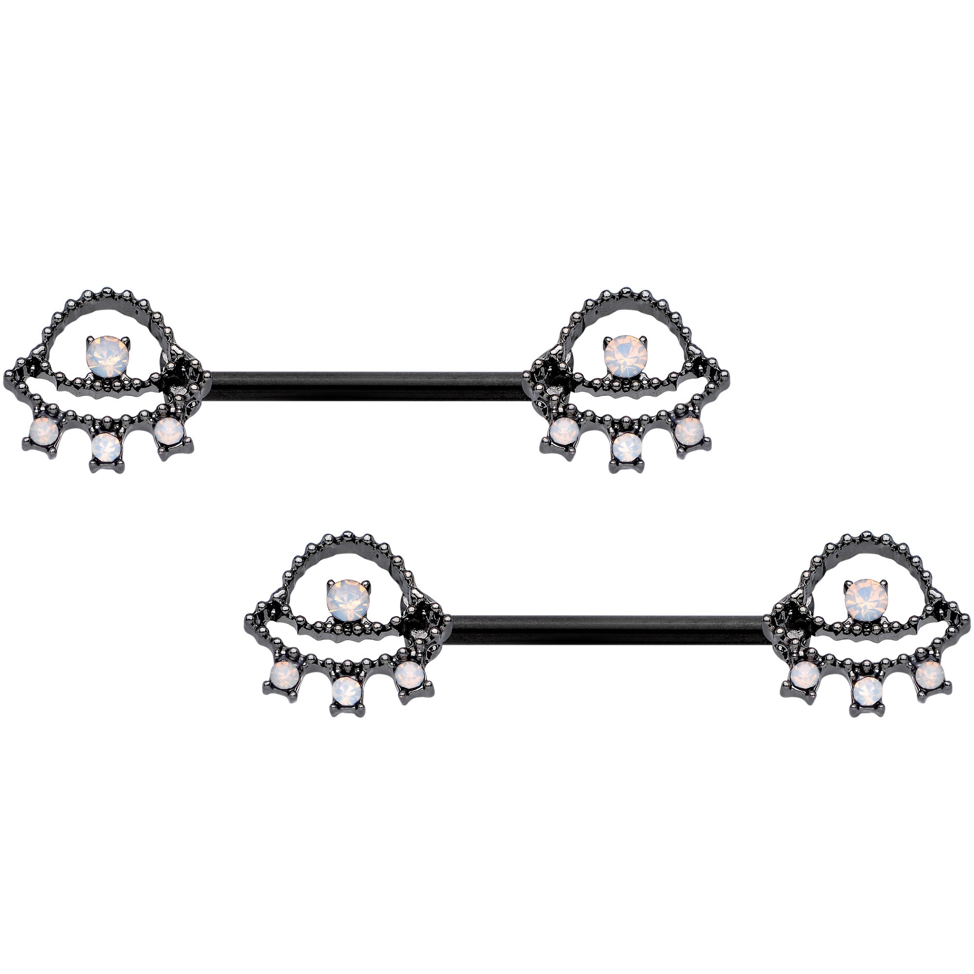 14G 9/16 White Faux Opal Black UFO Barbell Nipple Ring Set