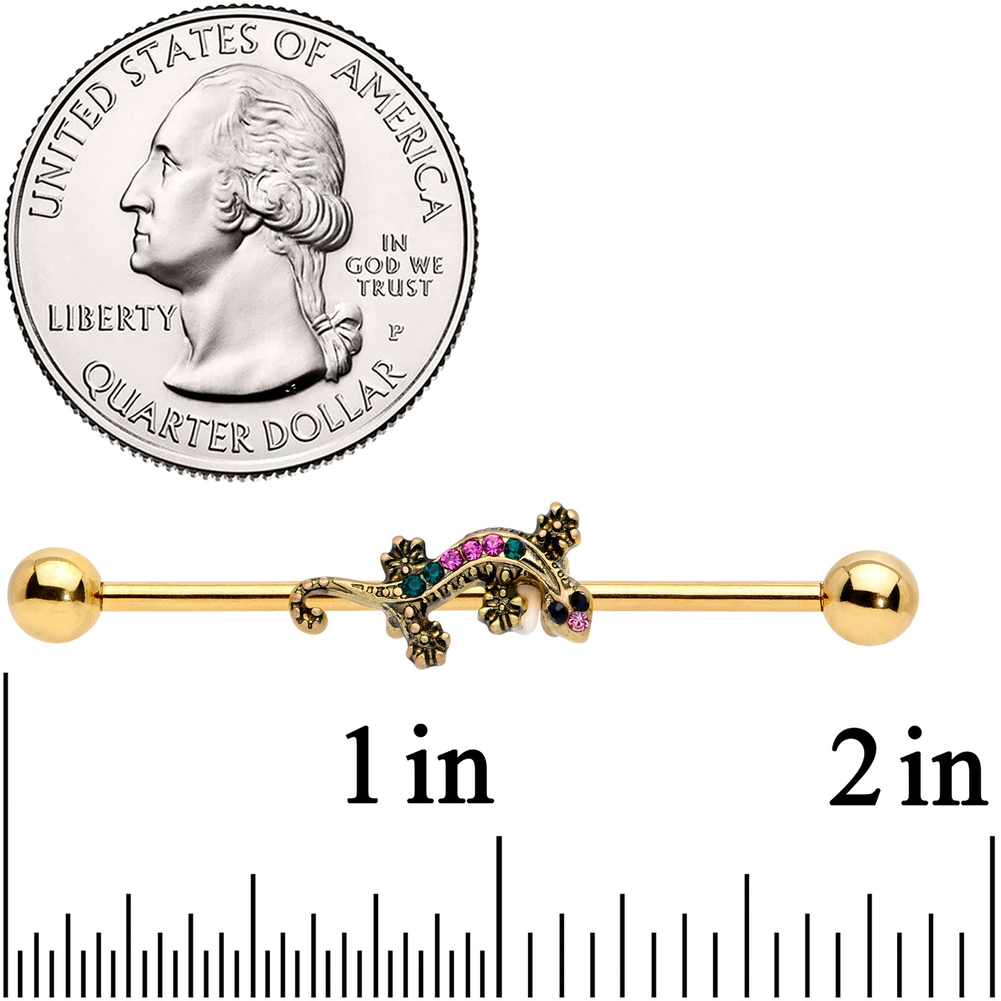 14G Pink Aqua Gem Gold Tone Lizard Industrial Barbell 38mm