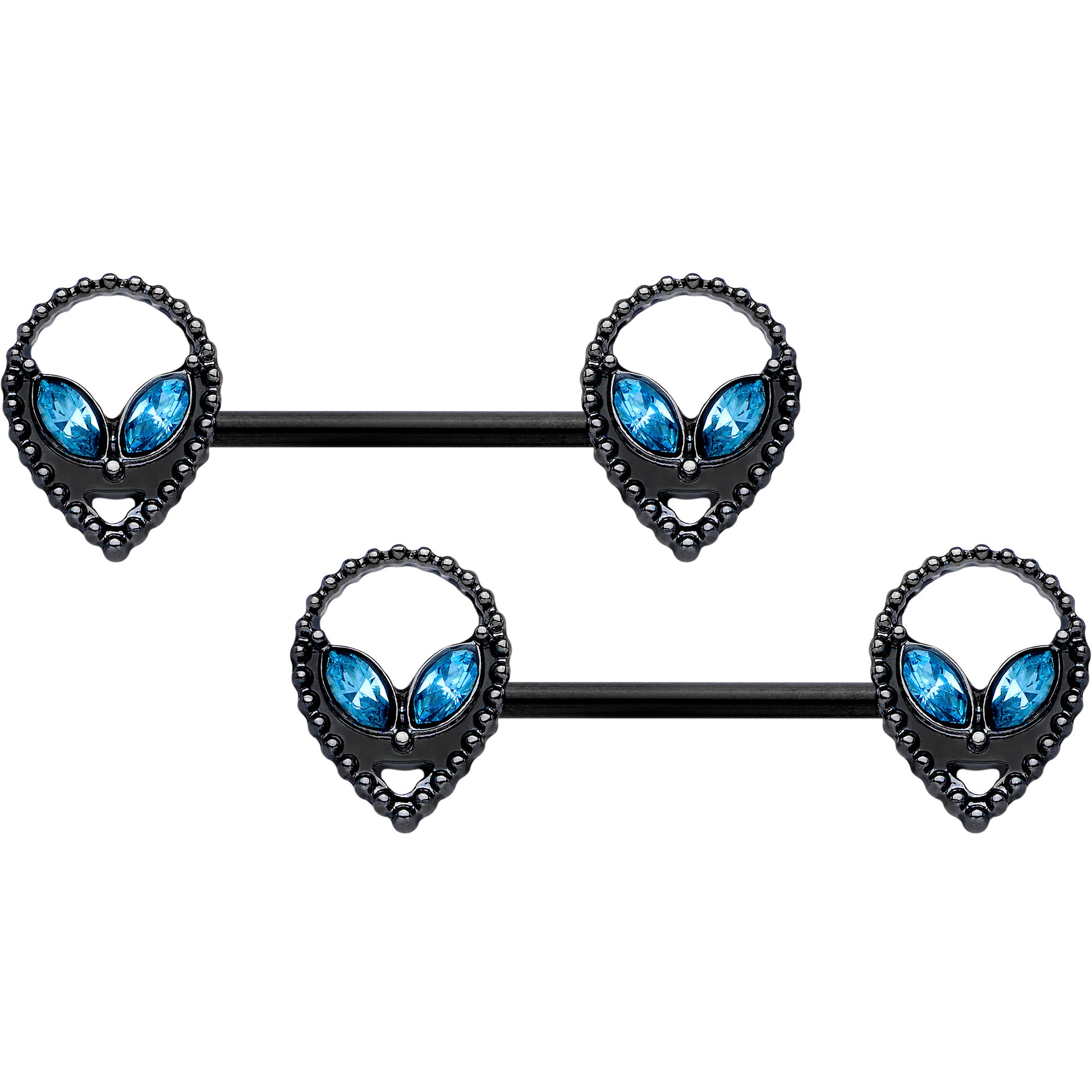 14G 5/8 Aqua Gem Black Hollow Alien Barbell Nipple Ring Set