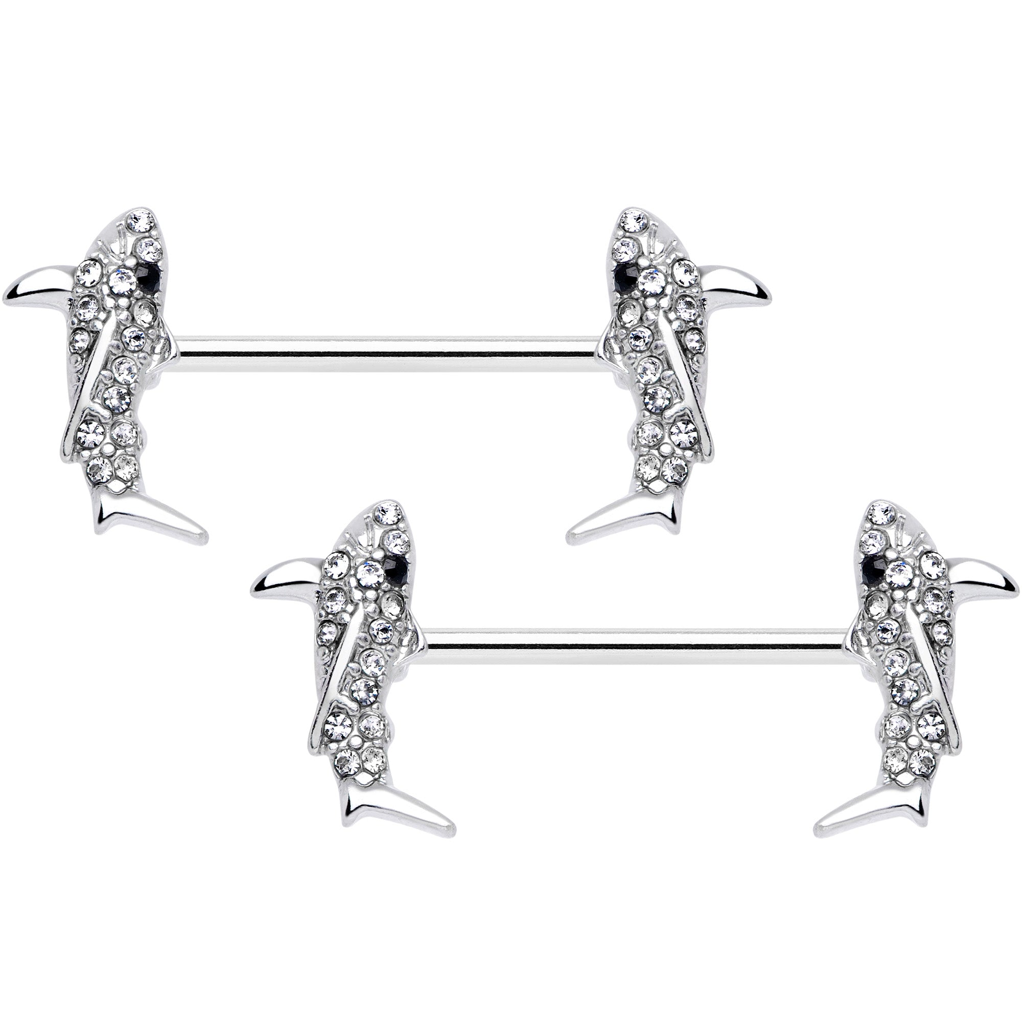 14G 5/8 Clear Black Gem Shark Barbell Nipple Ring Set