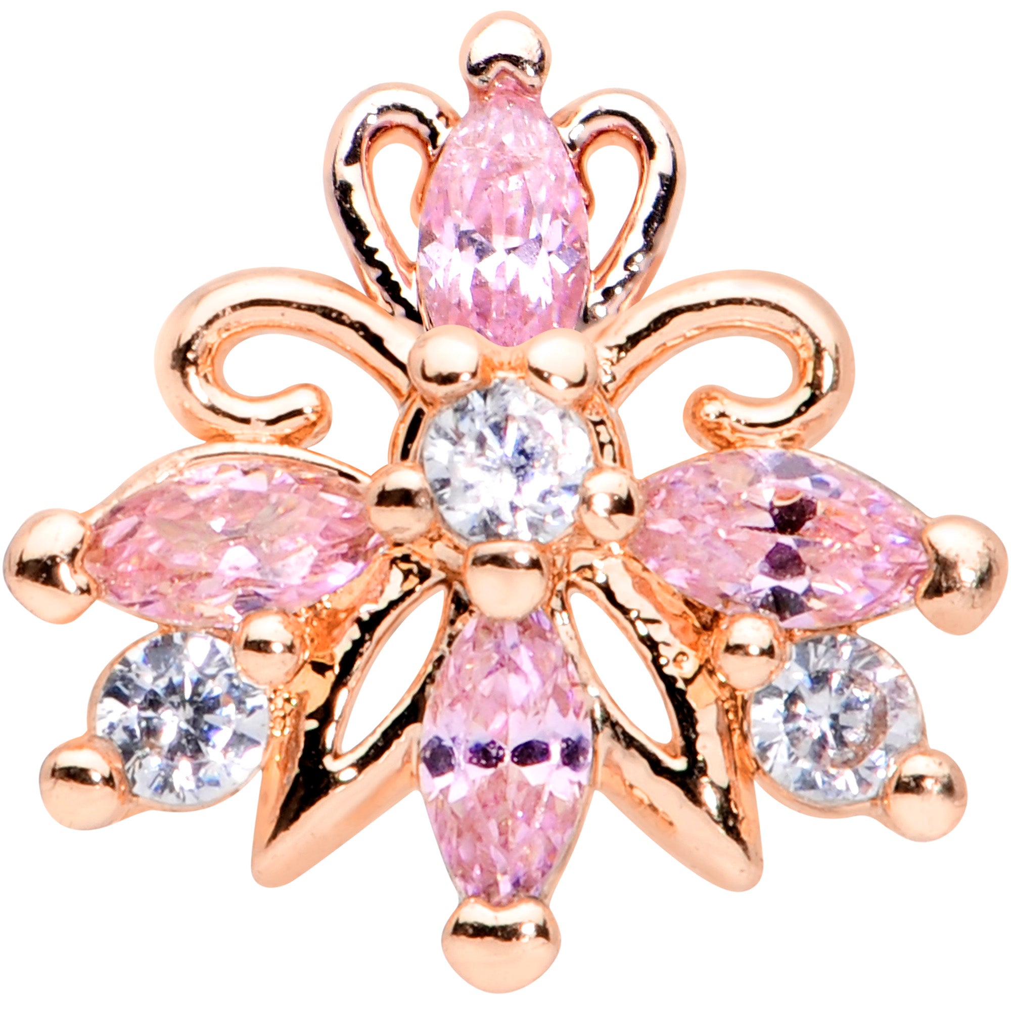 20G 1/4 Pink CZ Gem Rose Gold Tone Looping L Shape Nose Ring