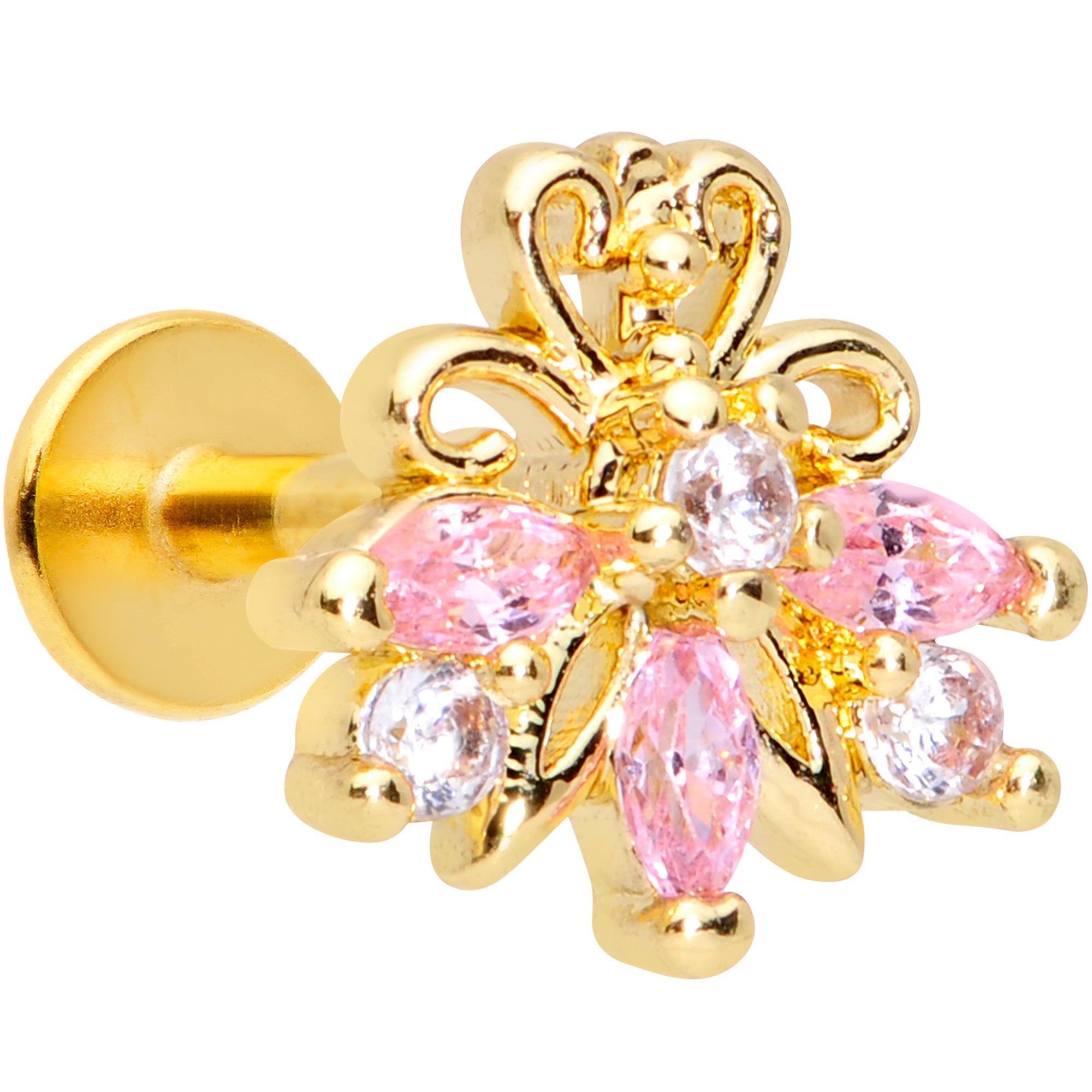 16G 5/16 Clear Pink CZ Gem Gold Tone Looping Labret Monroe Tragus