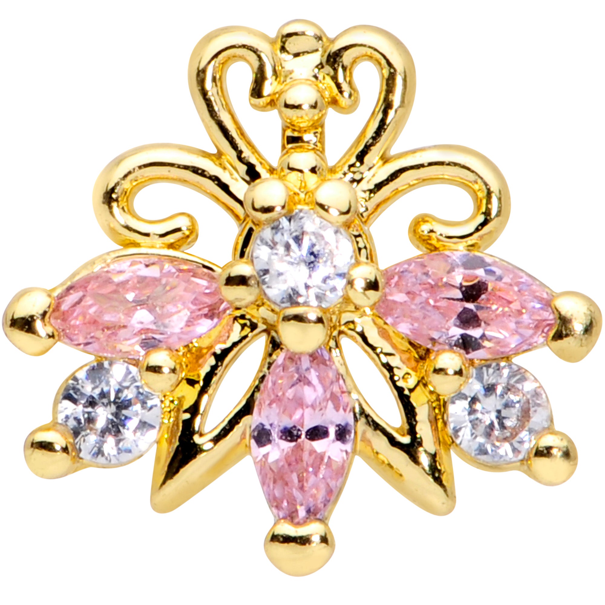 16G 5/16 Clear Pink CZ Gem Gold Tone Looping Labret Monroe Tragus