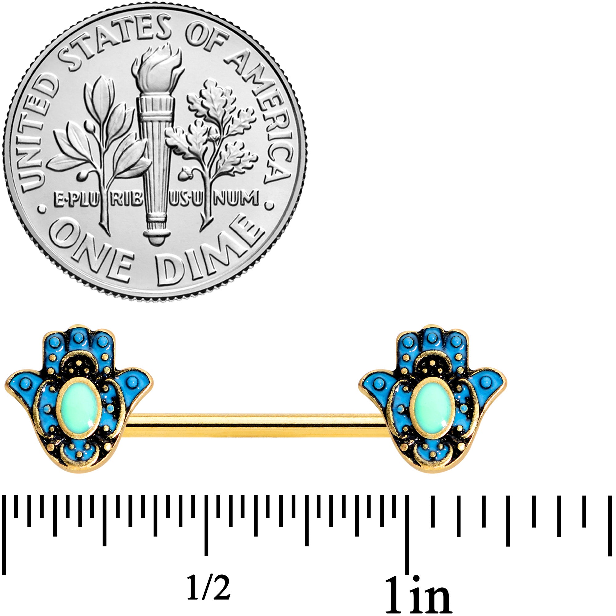 14G 9/16 Gold Tone Aqua Ornate Hamsa Hand Barbell Nipple Ring Set