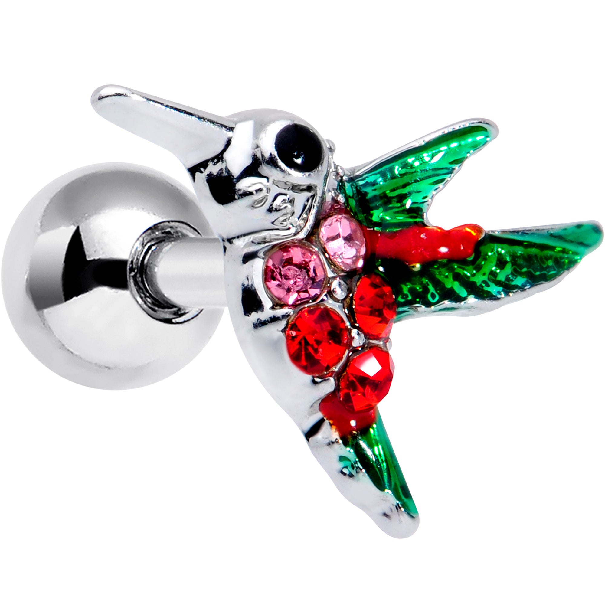 16G 1/4 Red Pink Gem Hummingbird Cartilage Tragus Earring