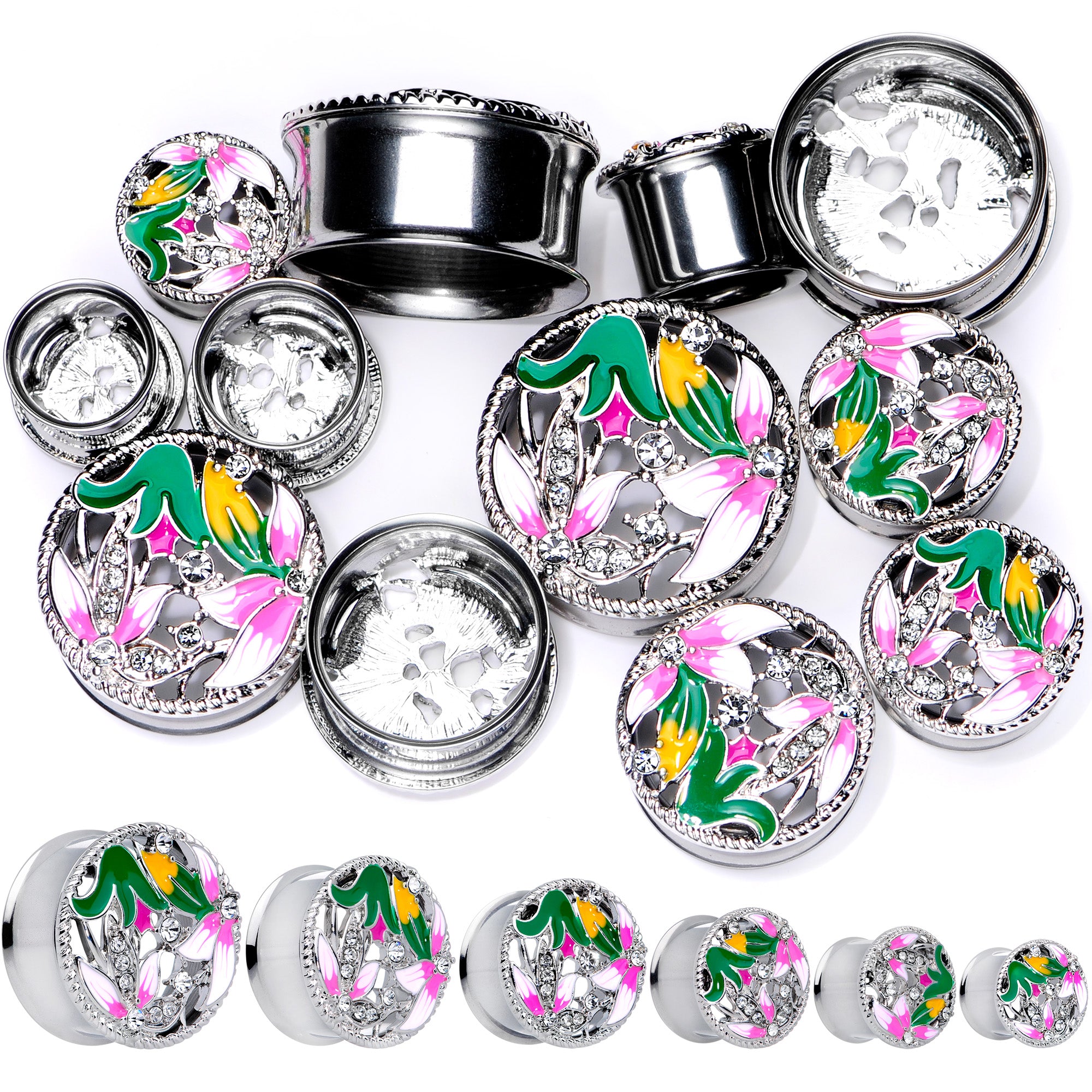 Clear Gem Exotic Garden Flower Double Flare Plug Set