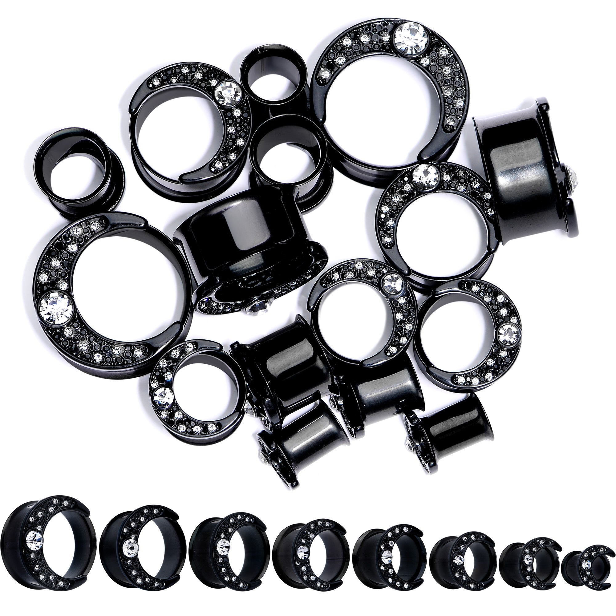 Clear Gem Black Crescent Moon Double Flare Tunnel Plug Set