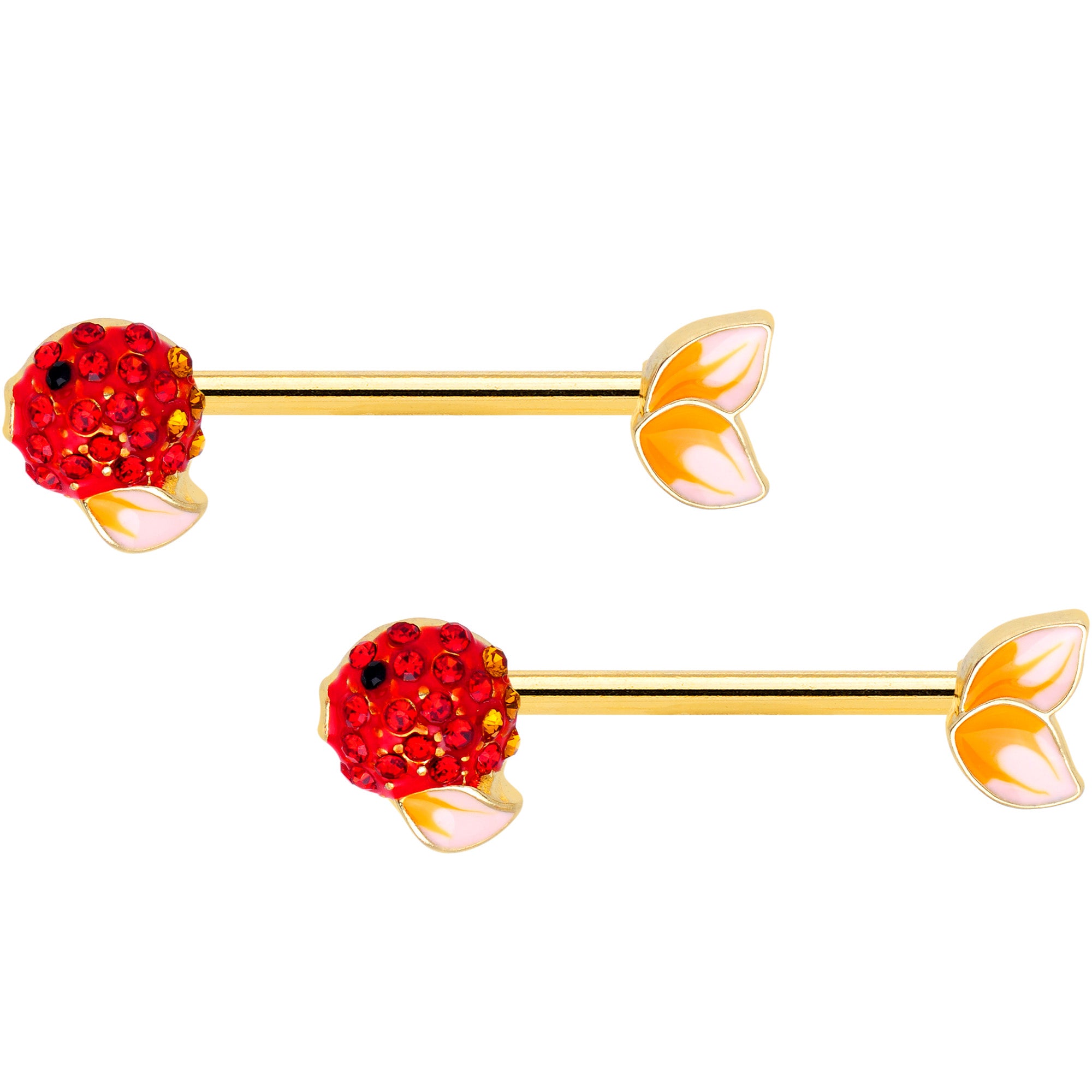 14G 9/16 Red Gem Gold Tone Blowfish Barbell Nipple Ring Set
