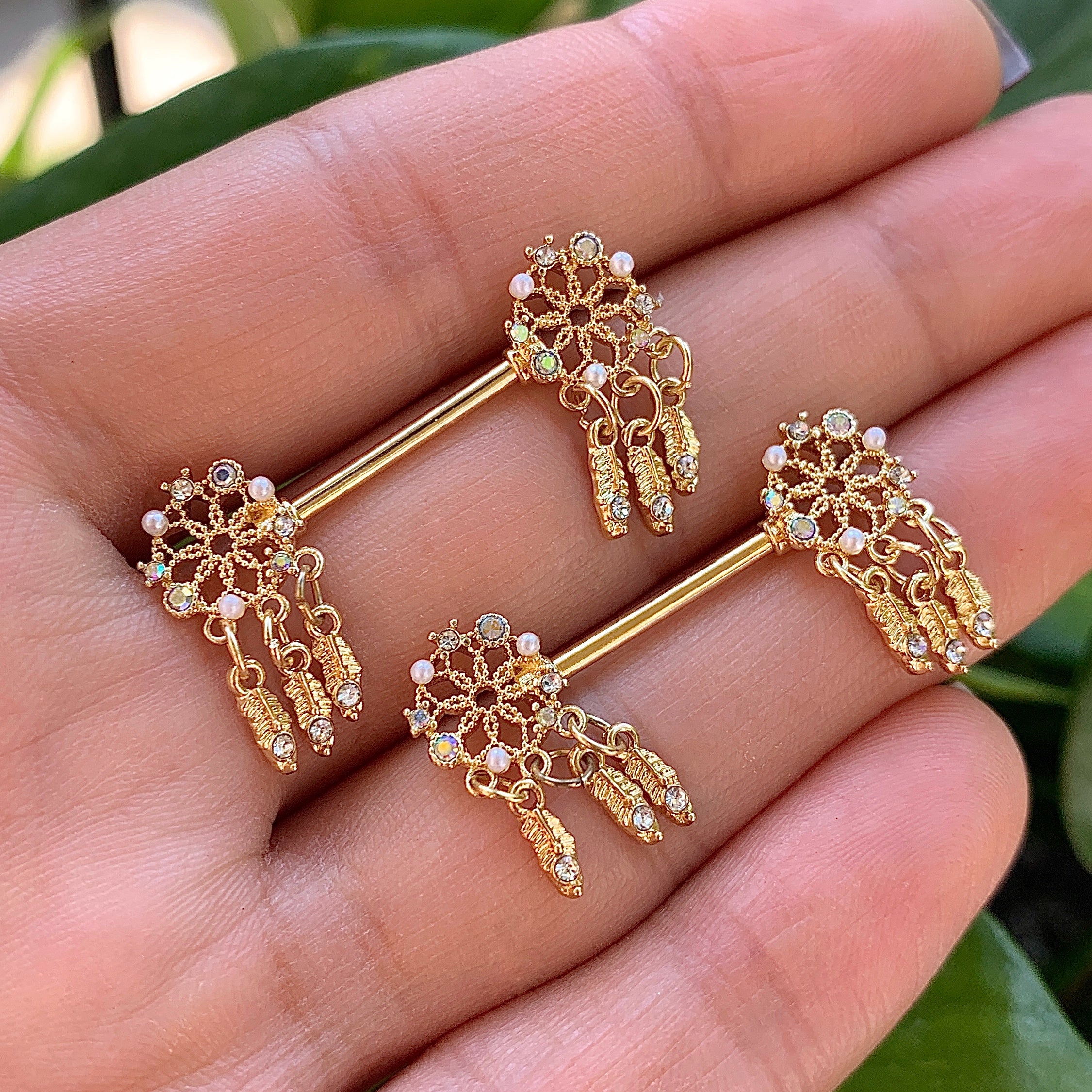 14G 5/8 Aurora CZ Gem Gold Tone Dreamcatcher Barbell Nipple Ring Set