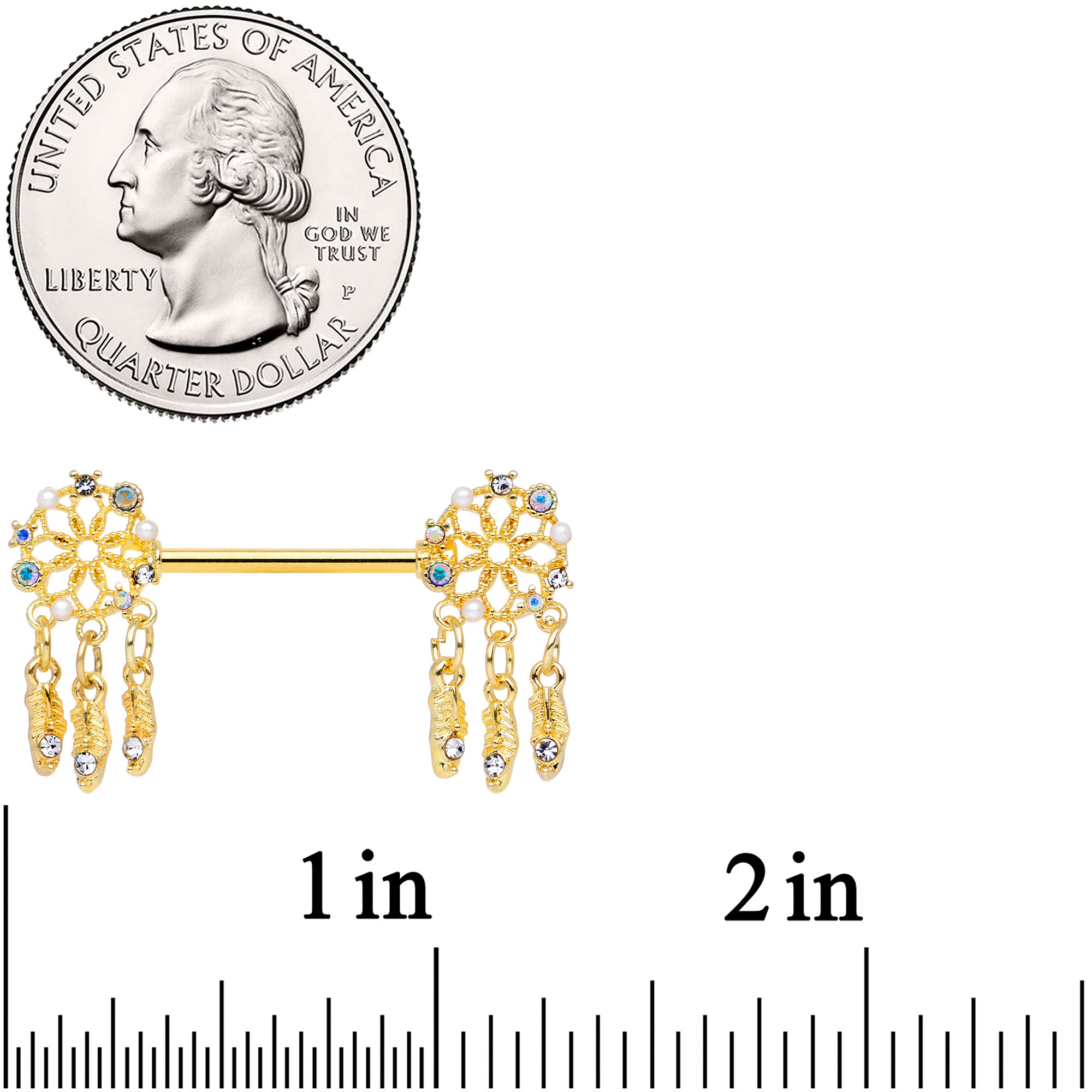 14G 5/8 Aurora CZ Gem Gold Tone Dreamcatcher Barbell Nipple Ring Set