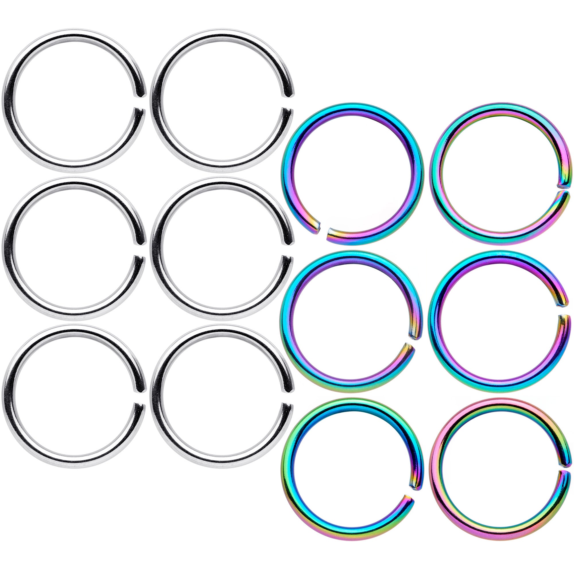 18G 5/16 Steel Rainbow Anodized Seamless Circular Ring Set of 12