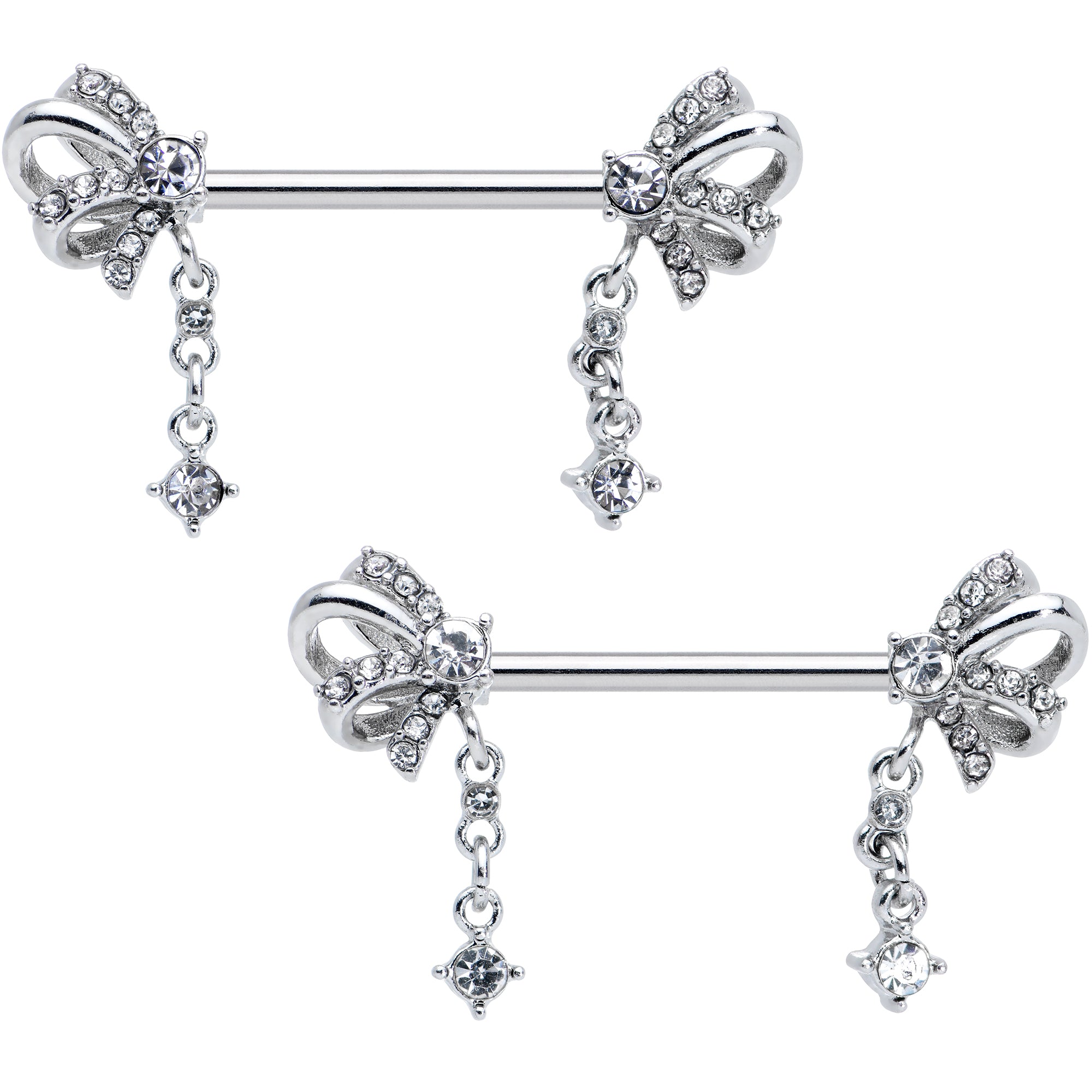14G 9/16 Clear Gem Looping Bow Dangle Barbell Nipple Ring Set