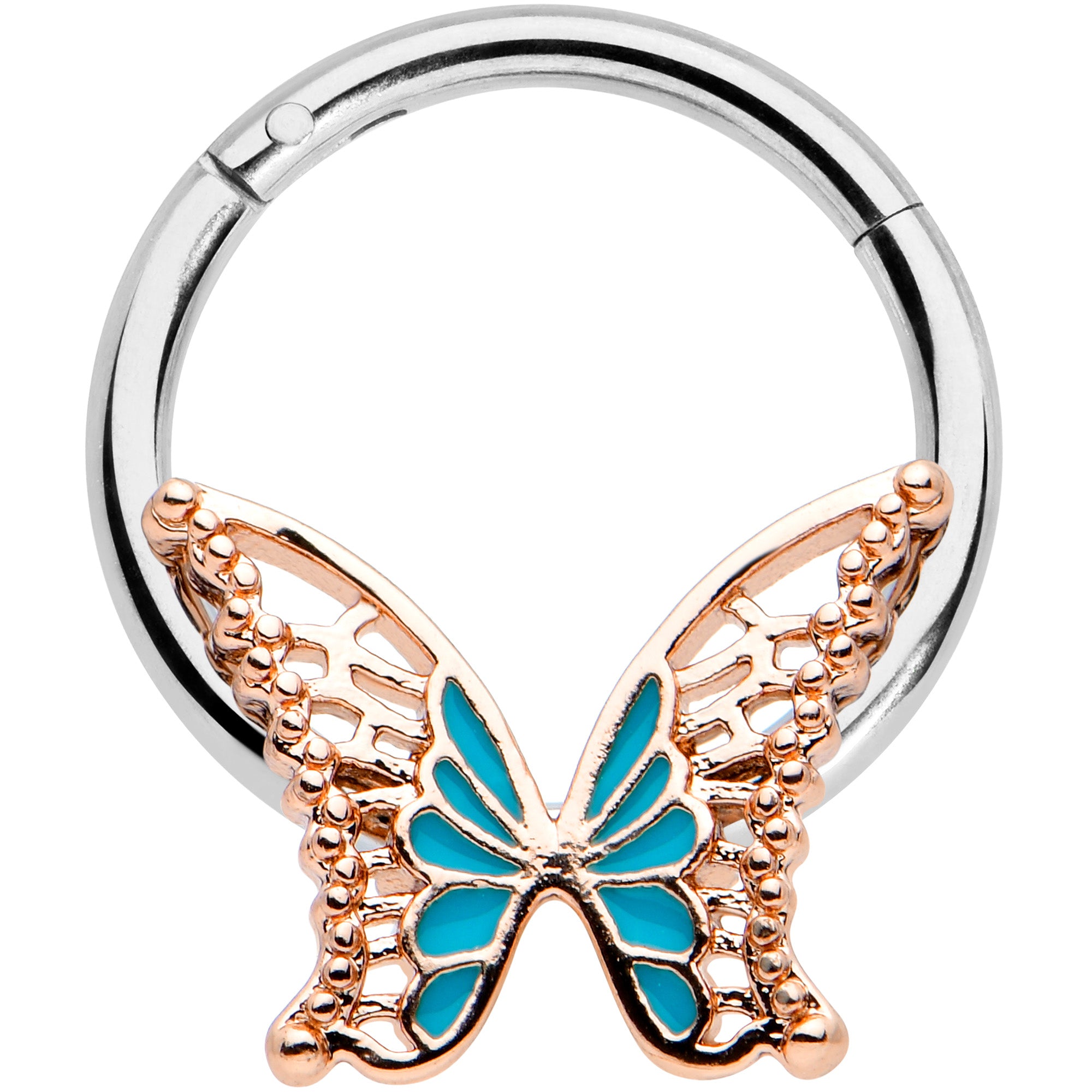 16G 3/8 Bit of Blue Butterfly Hinged Segment Ring