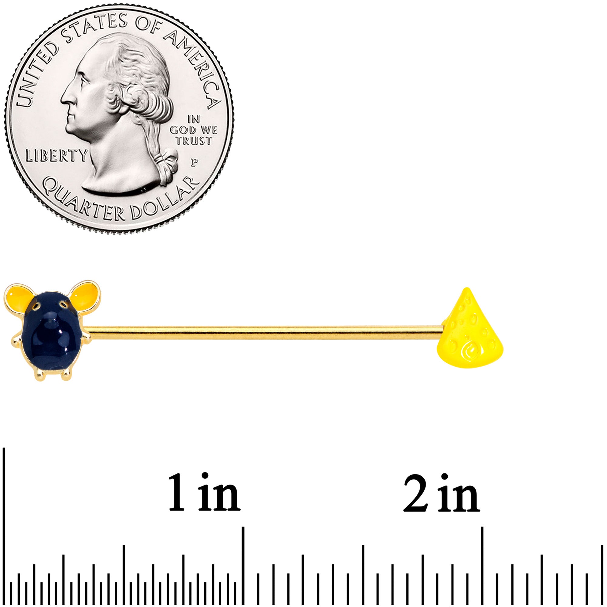 14G Gold Tone Black Mouse Cheese Industrial Barbell 38mm