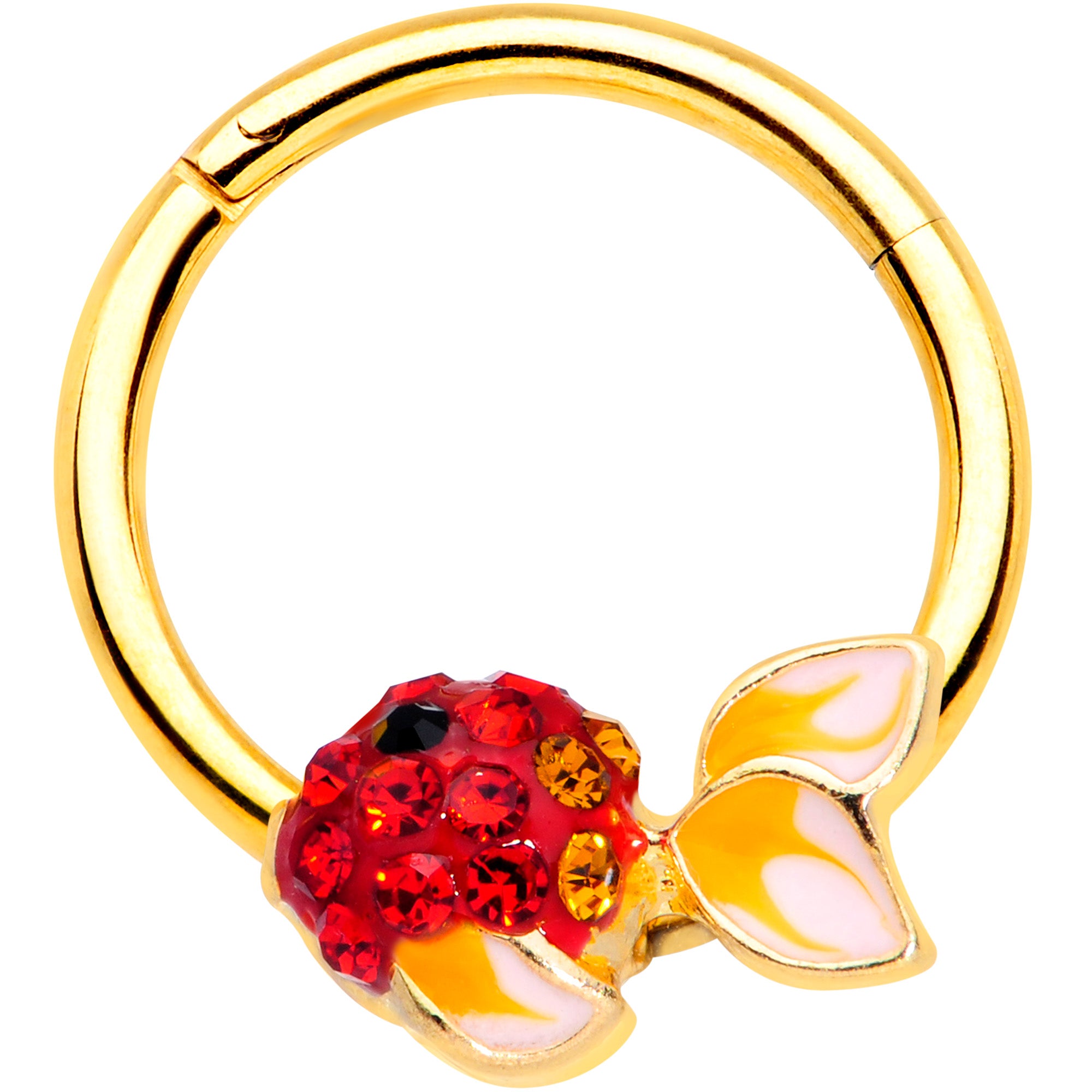 16G 3/8 Red Gem Gold Tone Blowfish Hinged Segment Ring