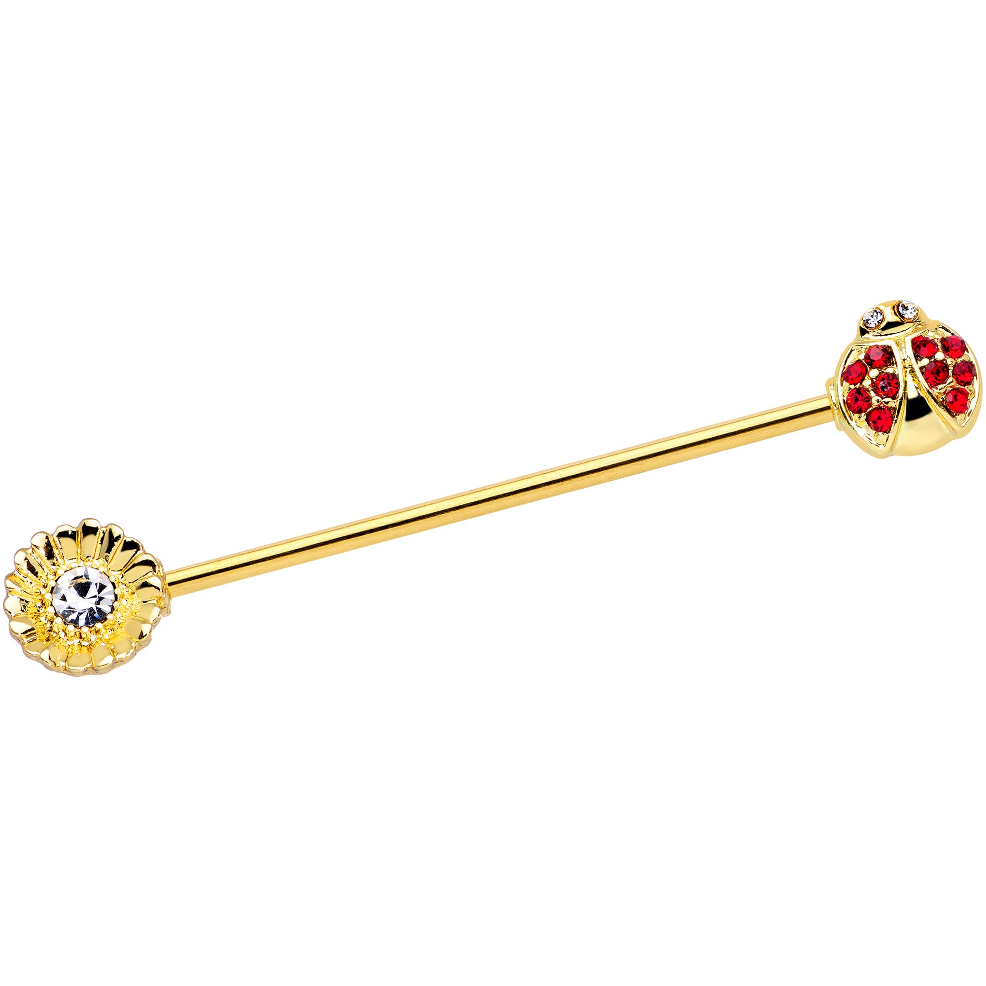 14G Red Gem Gold Tone Ladybug Flower Industrial Barbell 38mm