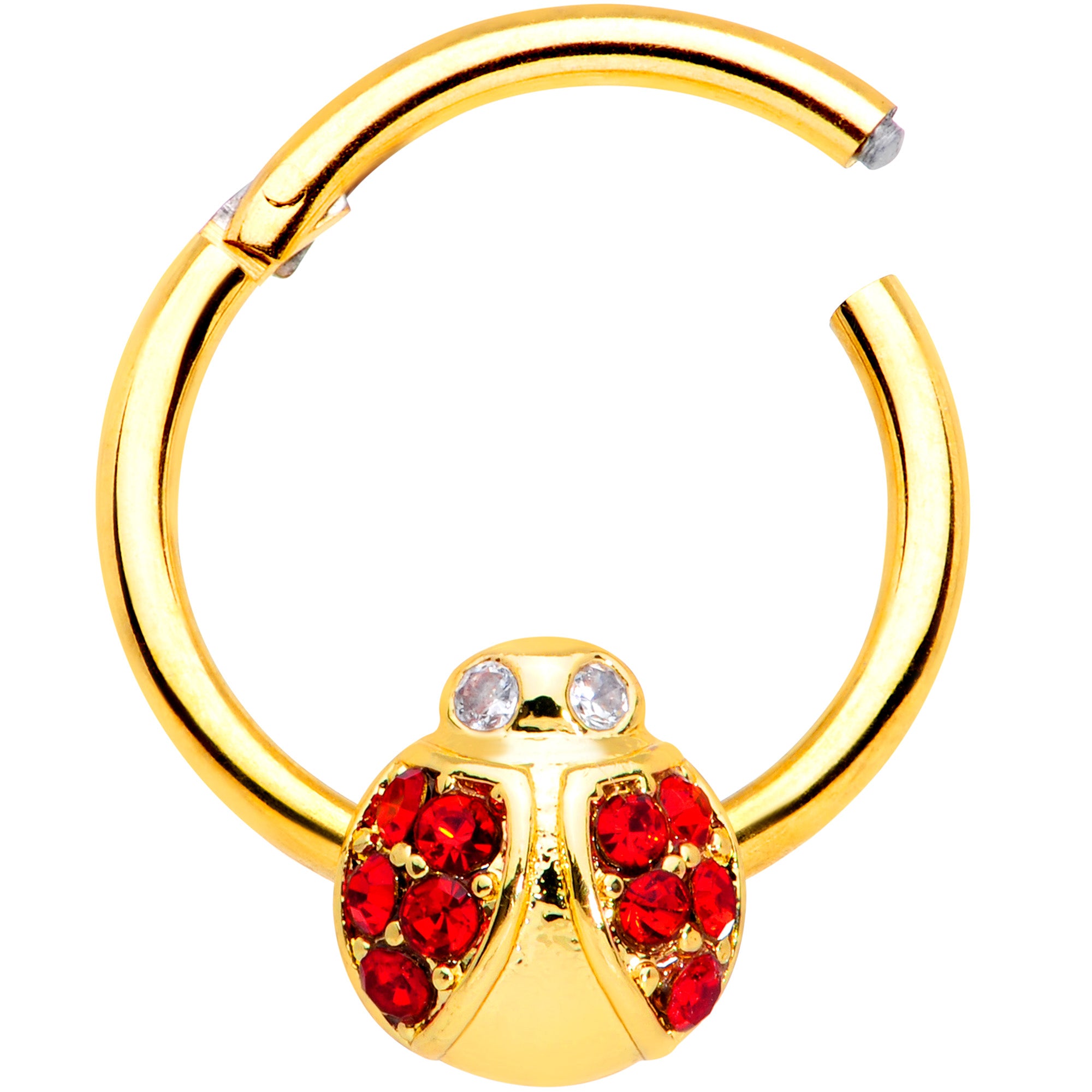 16G 3/8 Red Gem Gold Tone Ladybug Hinged Segment Ring