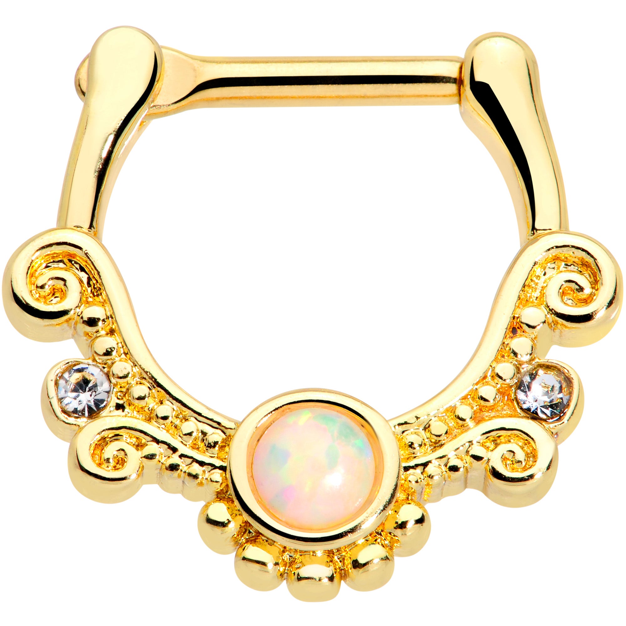 16G 3/8 White Synthetic Opal Gold Tone Filigree Cartilage Clicker