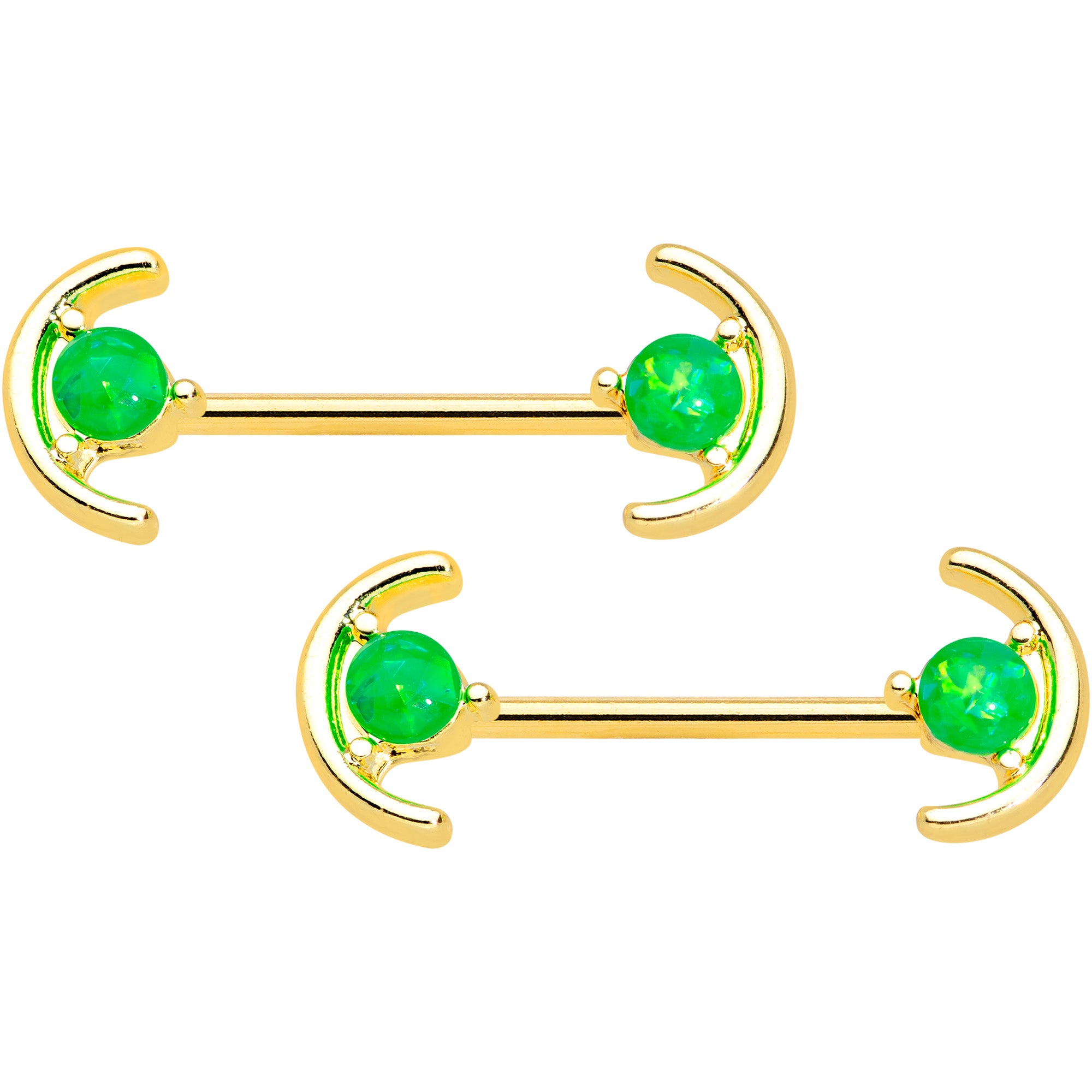 14G 9/16 Green Faux Opal Gold Tone Curve Barbell Nipple Ring Set