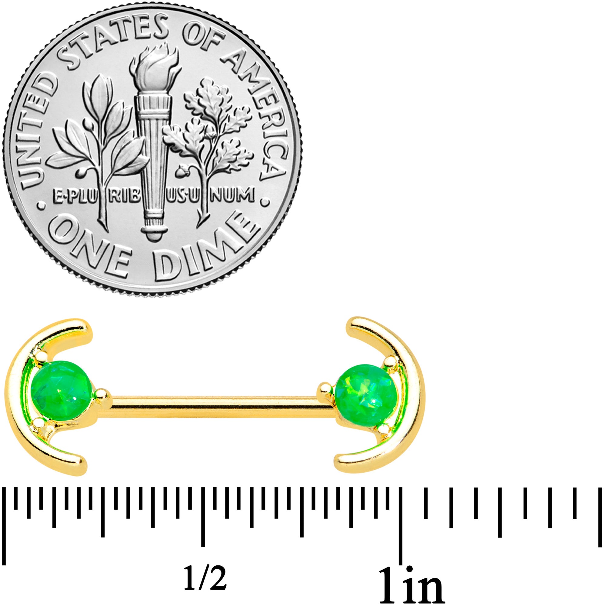 14G 9/16 Green Faux Opal Gold Tone Curve Barbell Nipple Ring Set