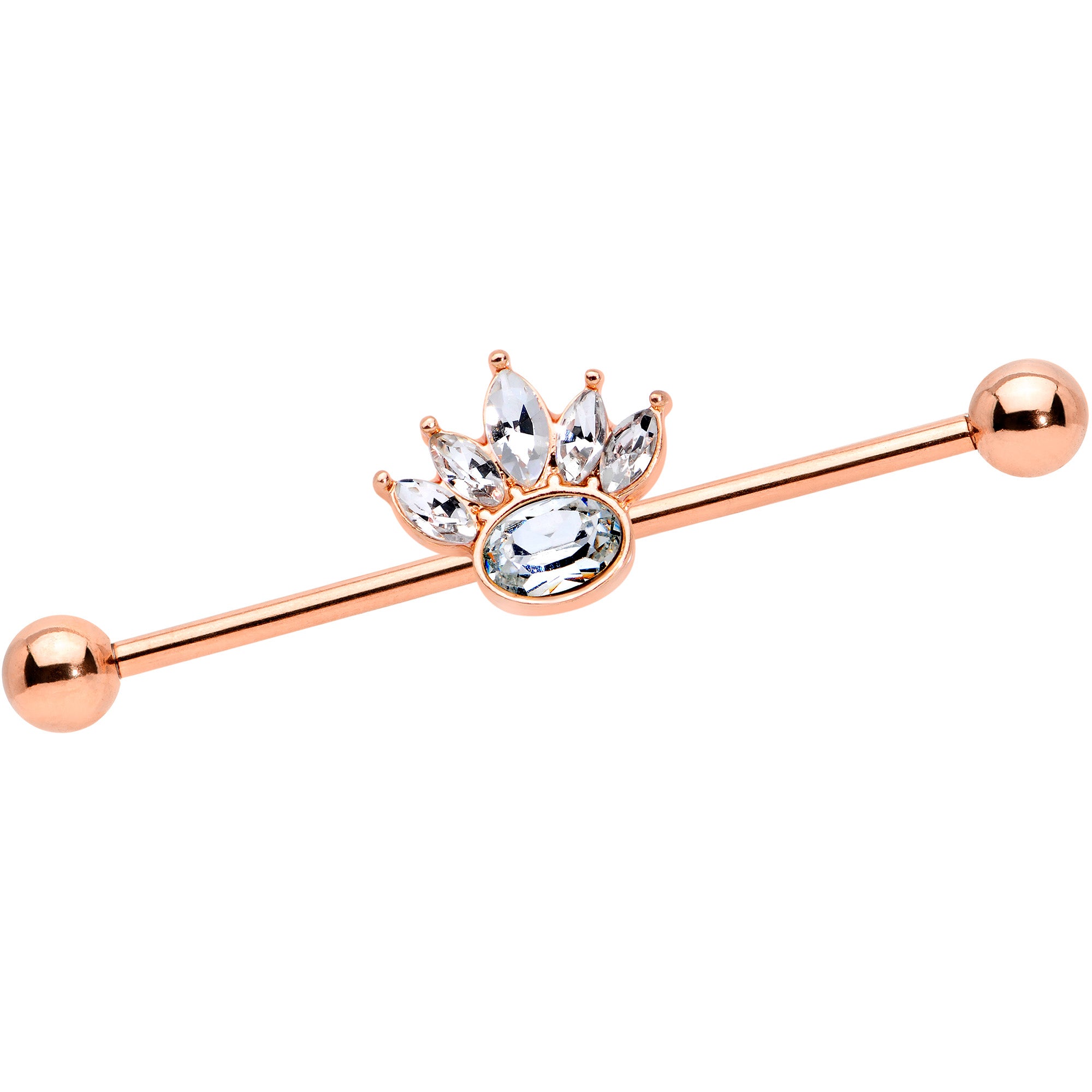 14G Clear Gem Rose Gold Tone Anodized Crown Industrial Barbell 38mm