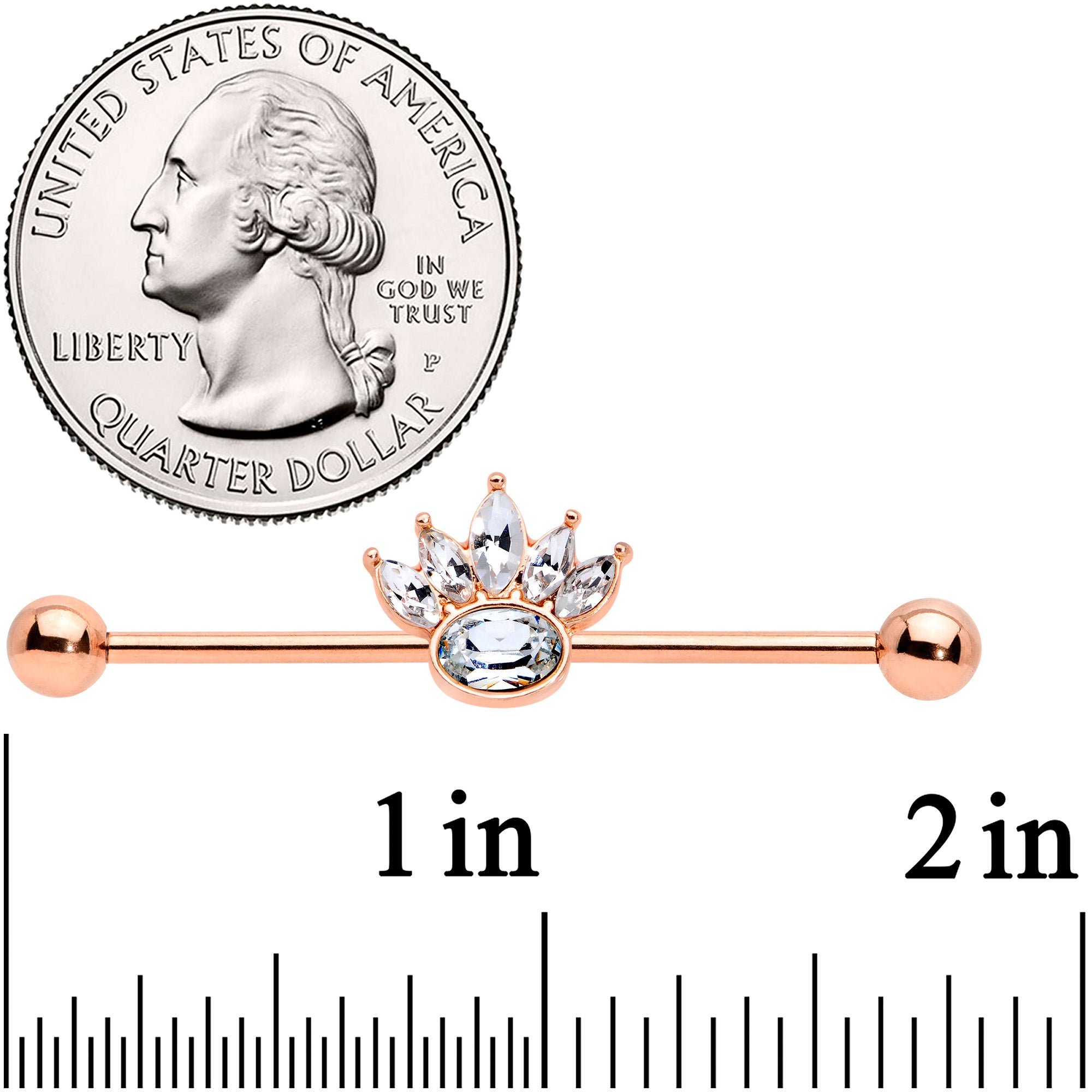 14G Clear Gem Rose Gold Tone Anodized Crown Industrial Barbell 38mm