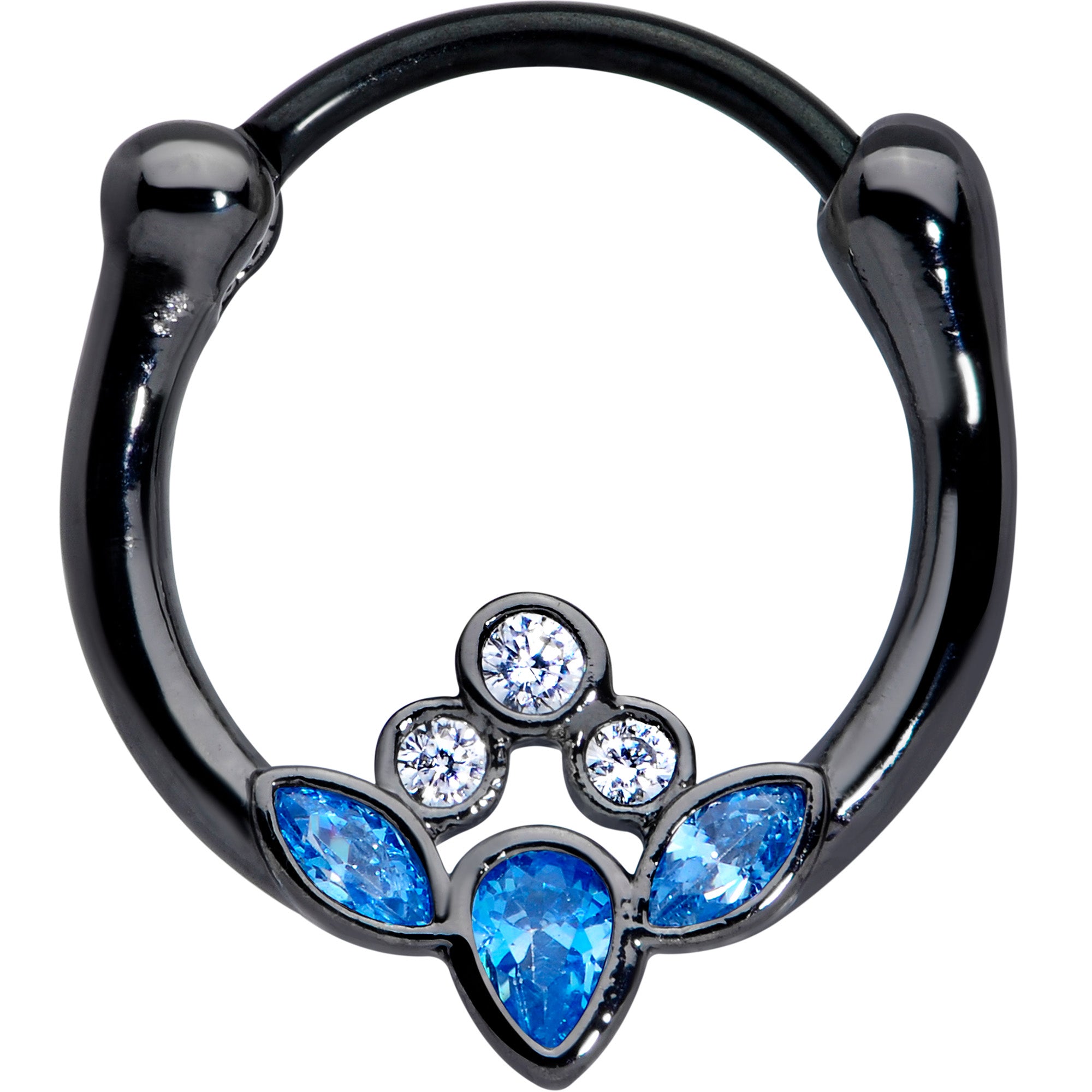 16G 3/8 Clear Blue Gem Black Anodized Classic Cluster Septum Clicker