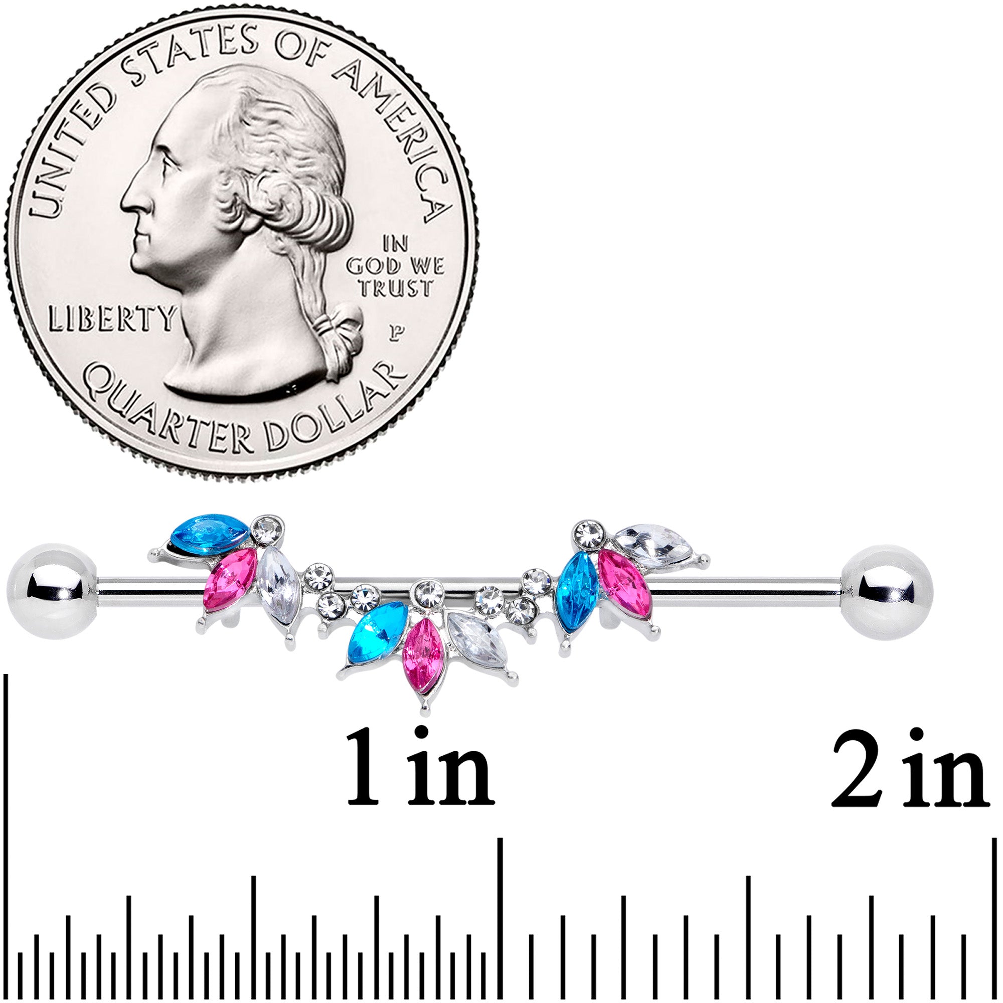 14G Pink Clear Aqua Gem Comely Cluster Industrial Barbell 38mm