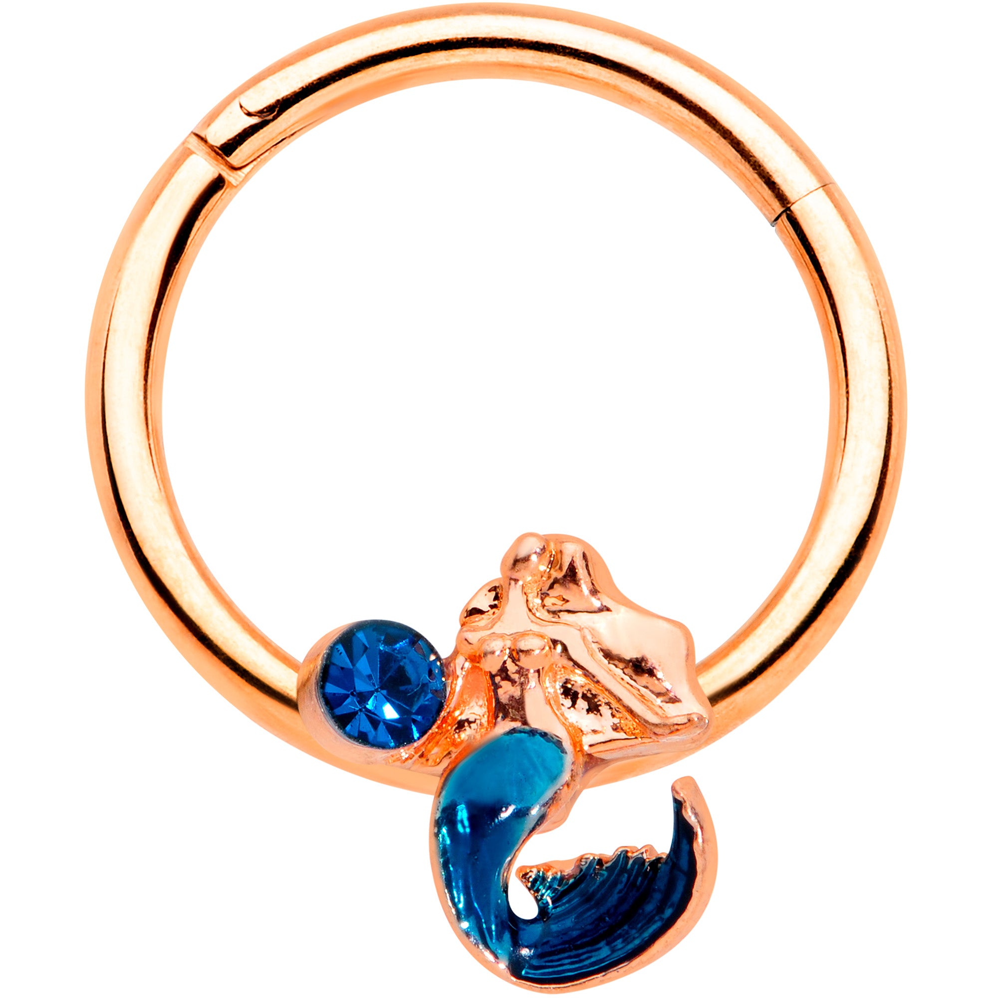 16G 3/8 Aqua Gem Rose Gold Tone Mermaid Hinged Segment Ring