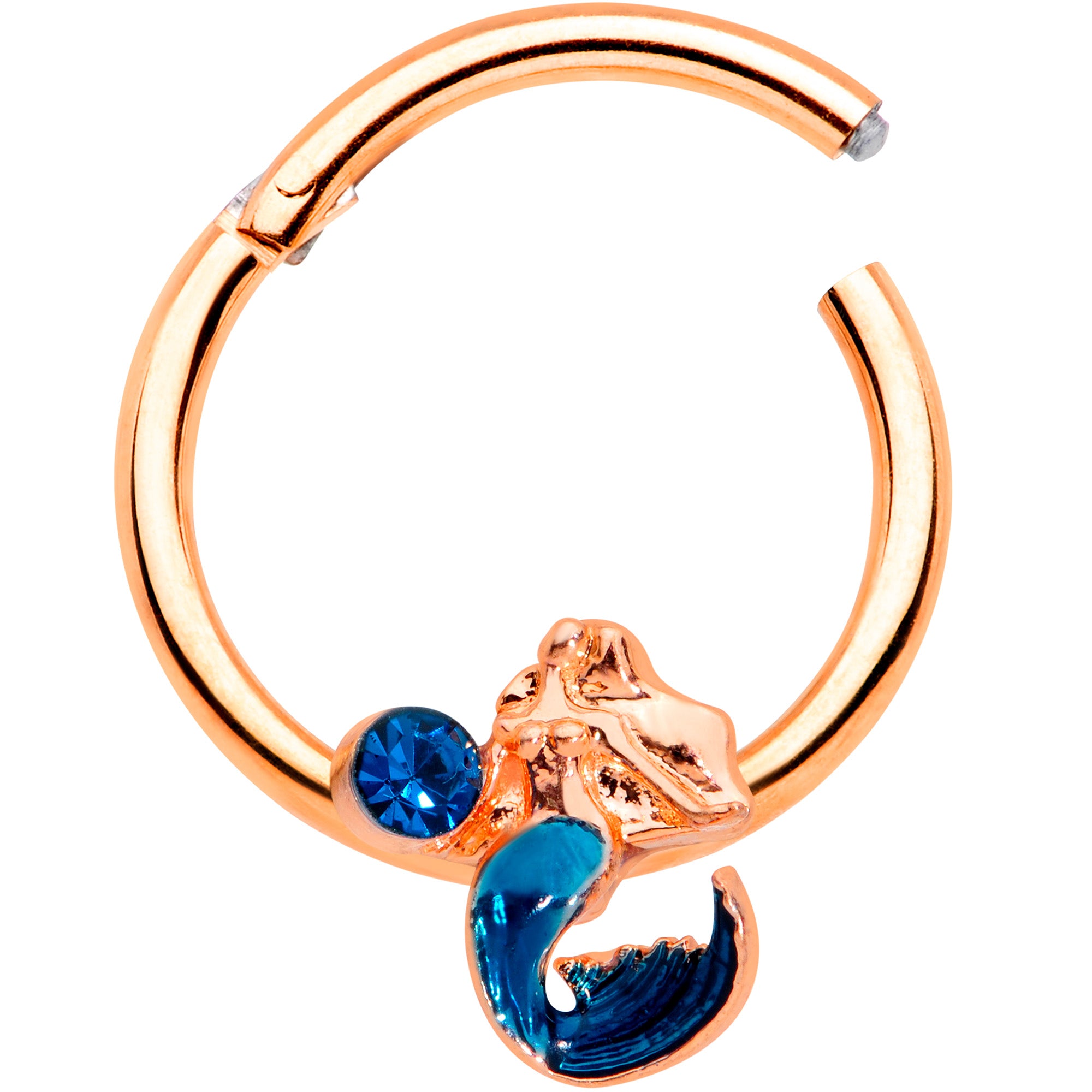 16G 3/8 Aqua Gem Rose Gold Tone Mermaid Hinged Segment Ring