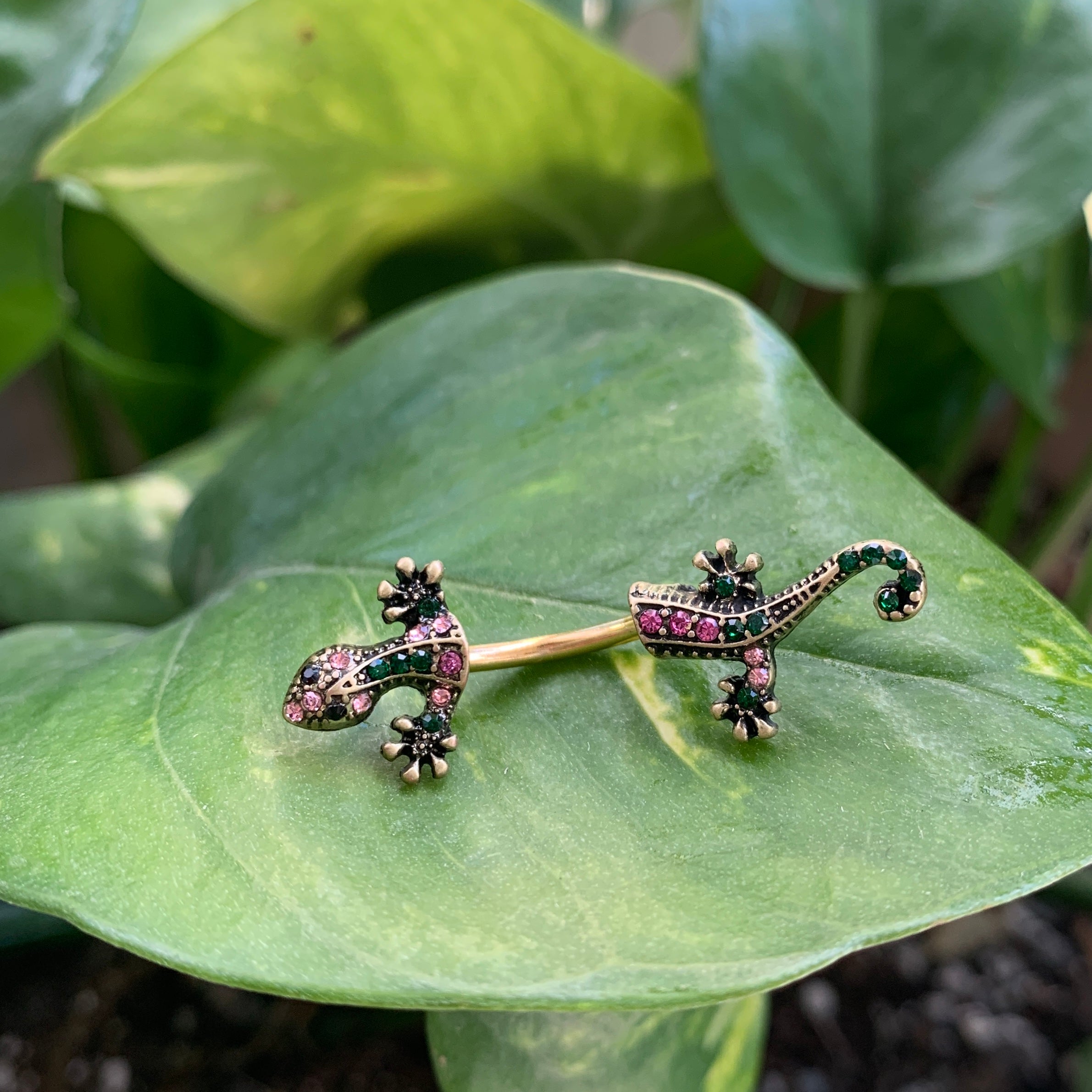 Pink Green Gem Gold Tone Lizard Double Mount Belly Ring