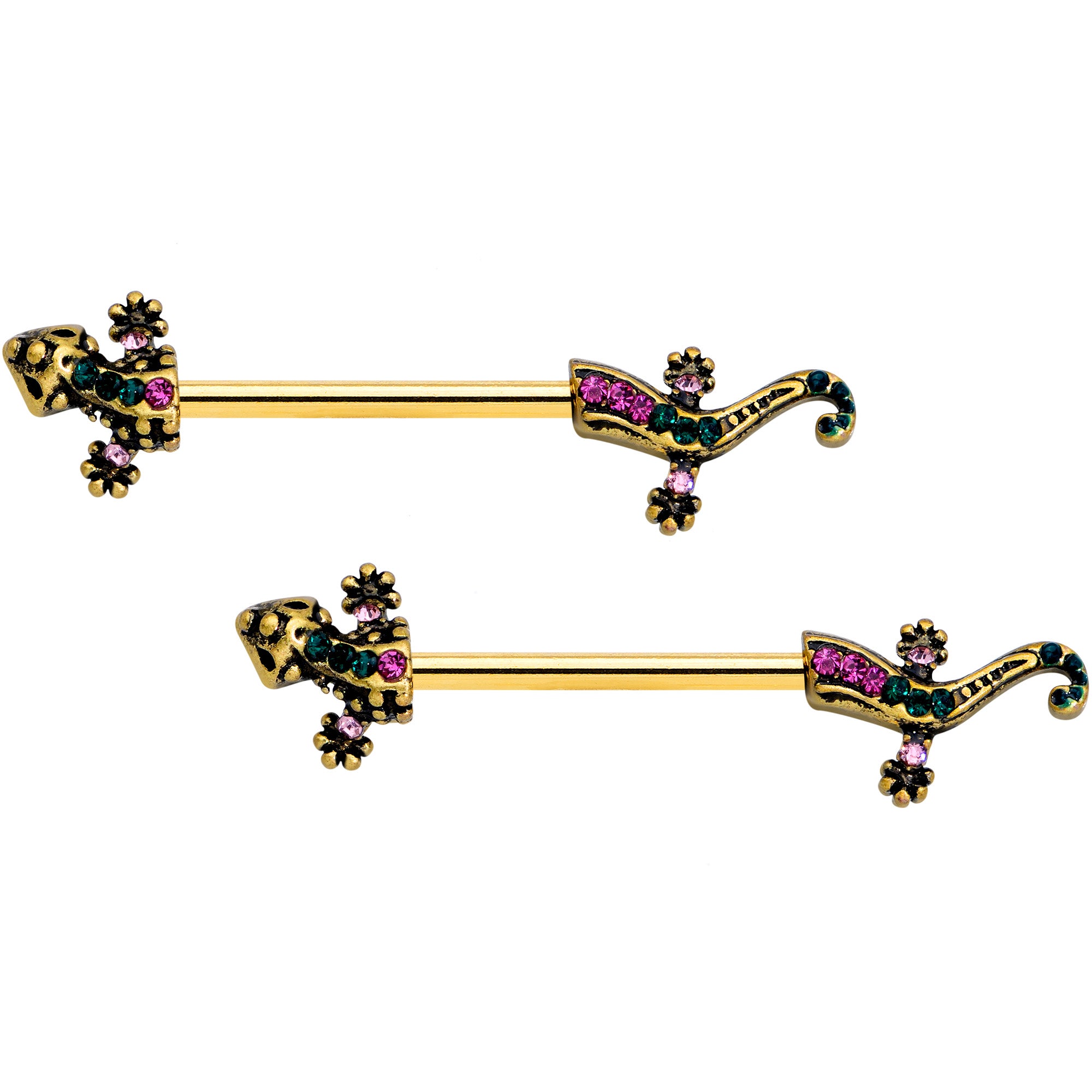14G 5/8 Pink Aqua Gem Gold Tone Lizard Barbell Nipple Ring Set