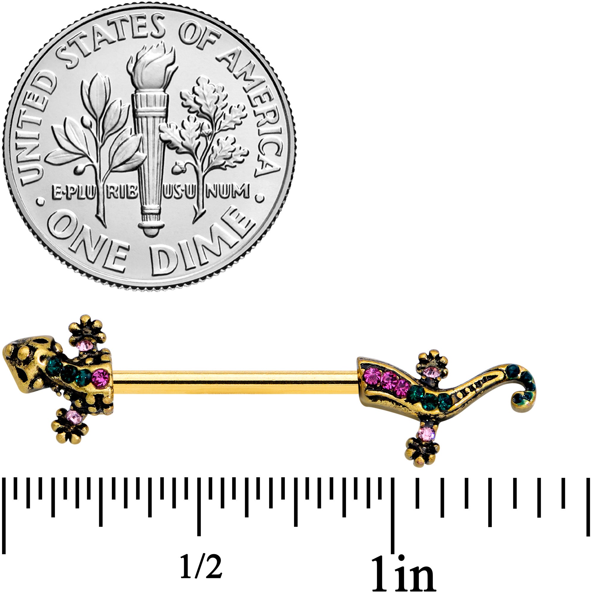 14G 5/8 Pink Aqua Gem Gold Tone Lizard Barbell Nipple Ring Set