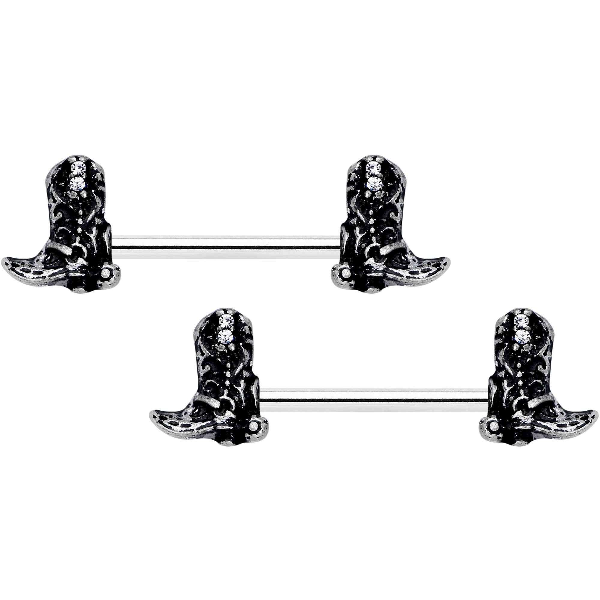 14G 9/16 Clear Gem Cowboy Boot Barbell Nipple Ring Set