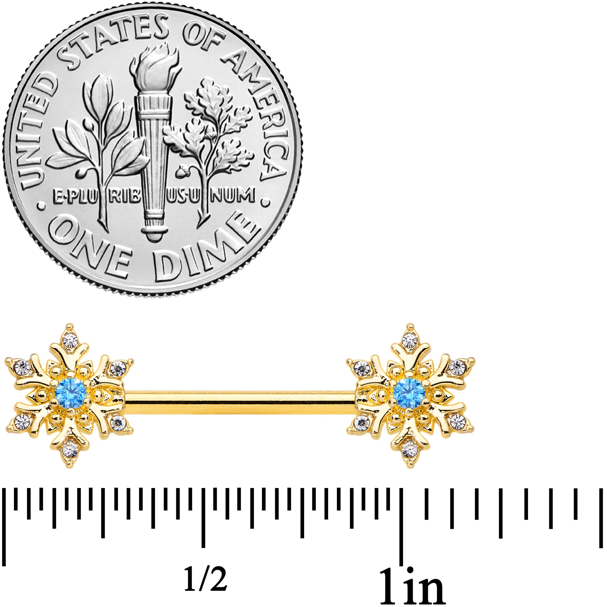 14G 9/16 Blue CZ Gem Gold Tone Snowflake Barbell Nipple Ring Set