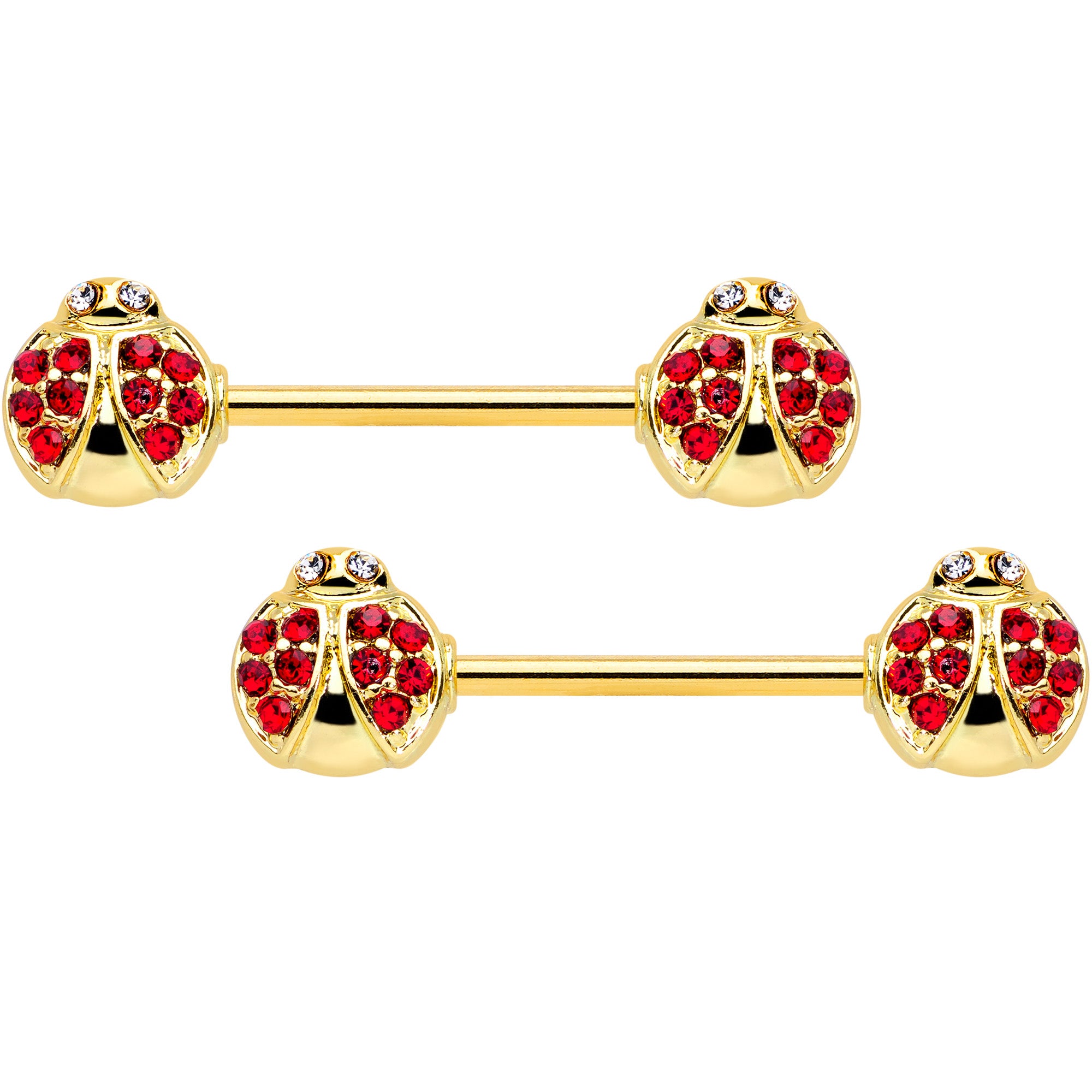 14G 9/16 Clear Red Gem Gold Tone Ladybug Barbell Nipple Ring Set