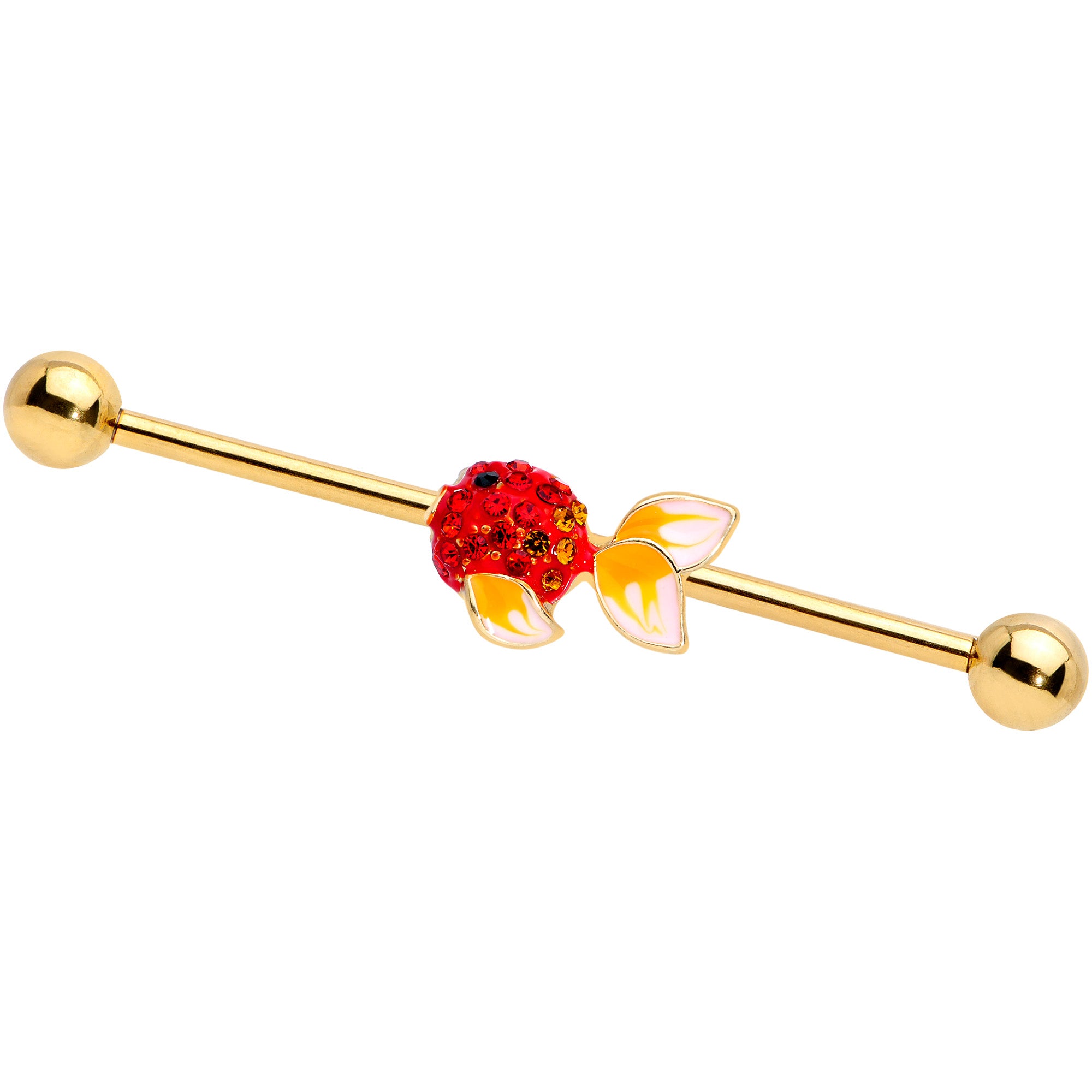 14G Red Gem Gold Tone Blowfish Industrial Barbell 38mm