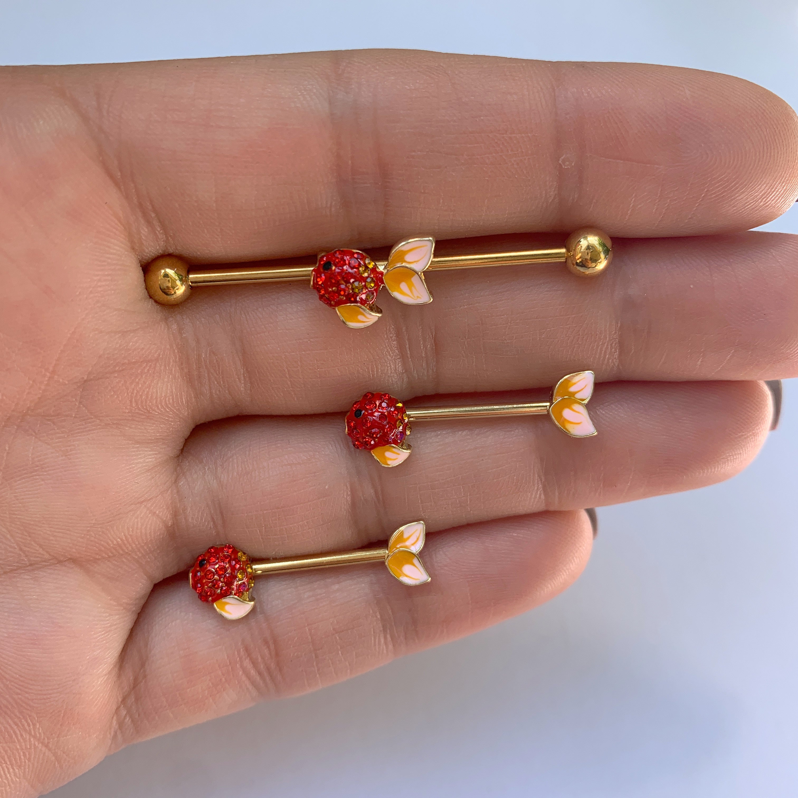 14G 9/16 Red Gem Gold Tone Blowfish Barbell Nipple Ring Set