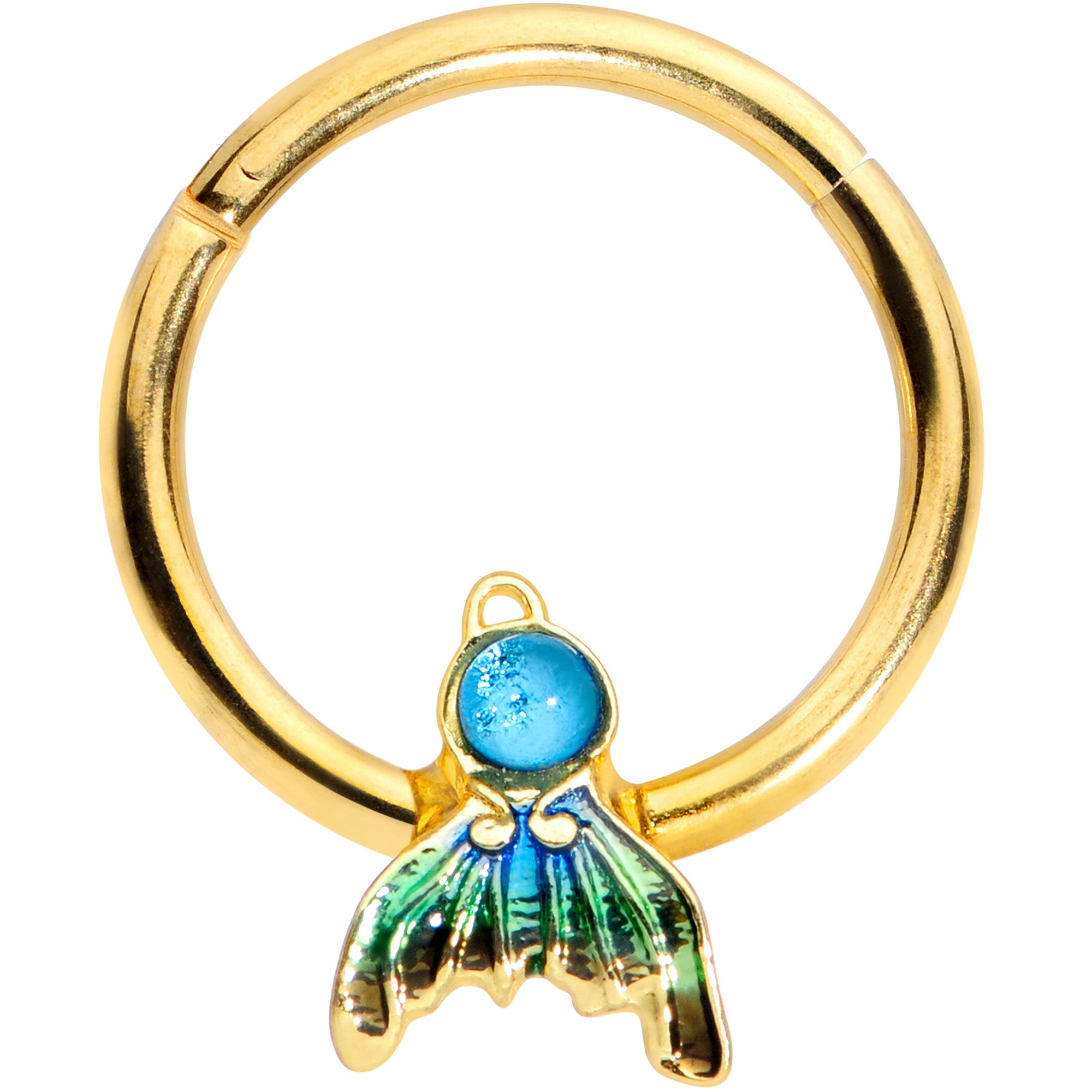 16G 3/8 Gold Tone Blue Green Mermaid Tail Hinged Segment Ring