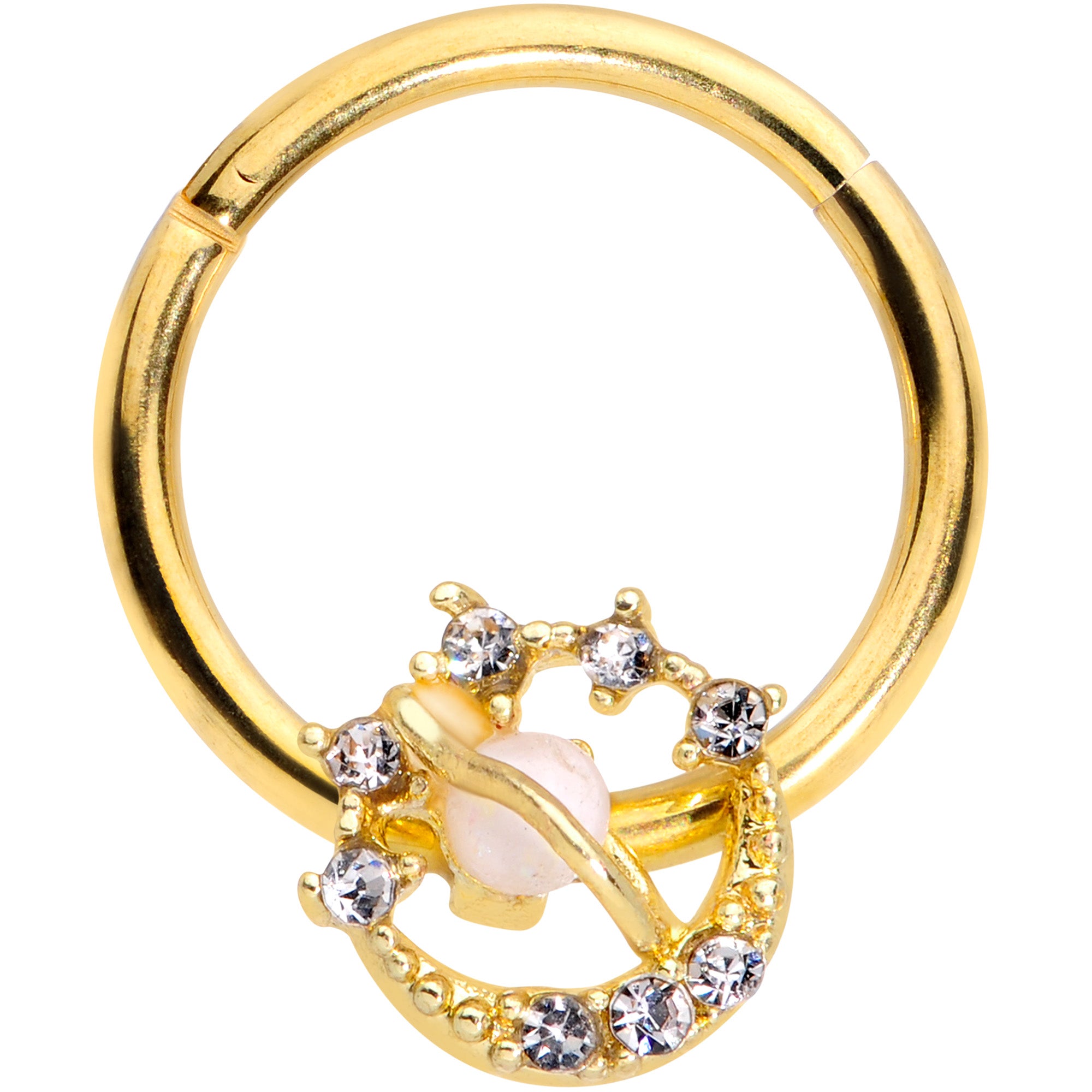 16G 3/8 Clear Gem Gold Tone White Faux Opal Saturn Hinged Segment Ring