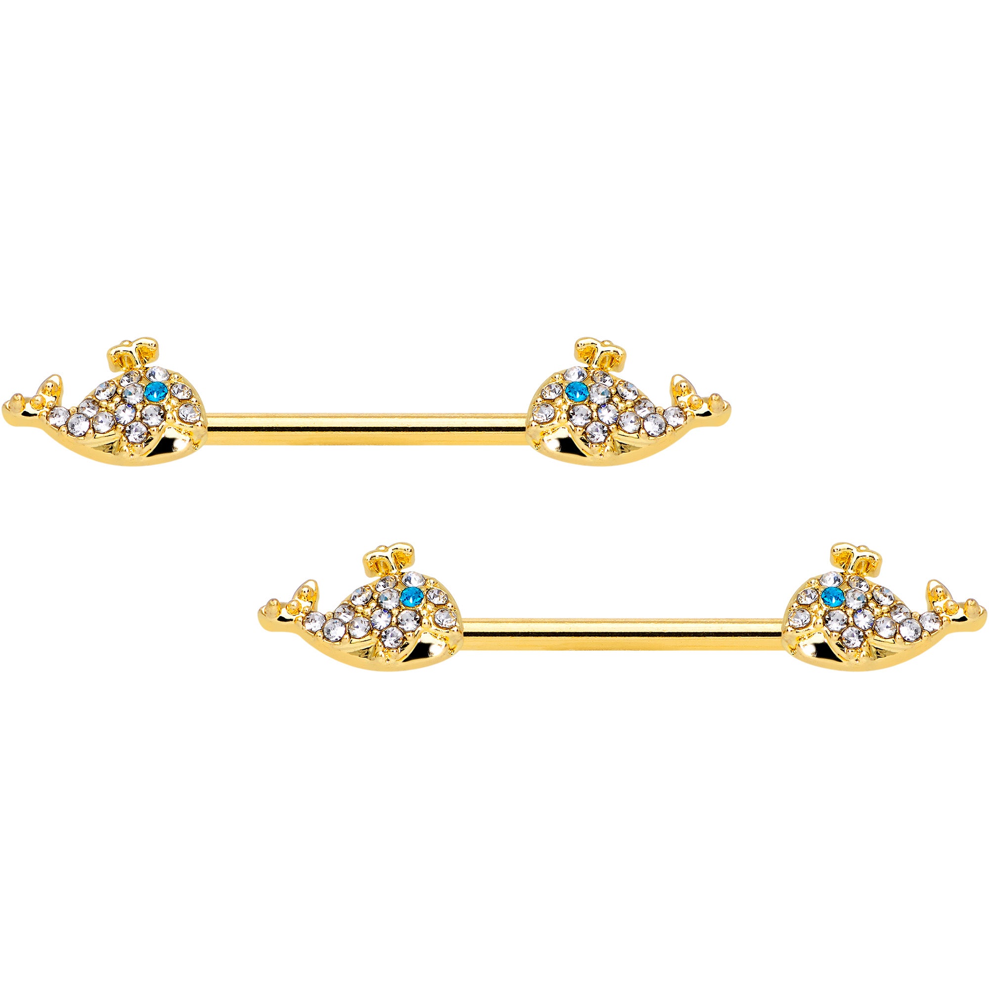 14G 5/8 Blue CZ Gem Gold Tone Whale Barbell Nipple Ring Set