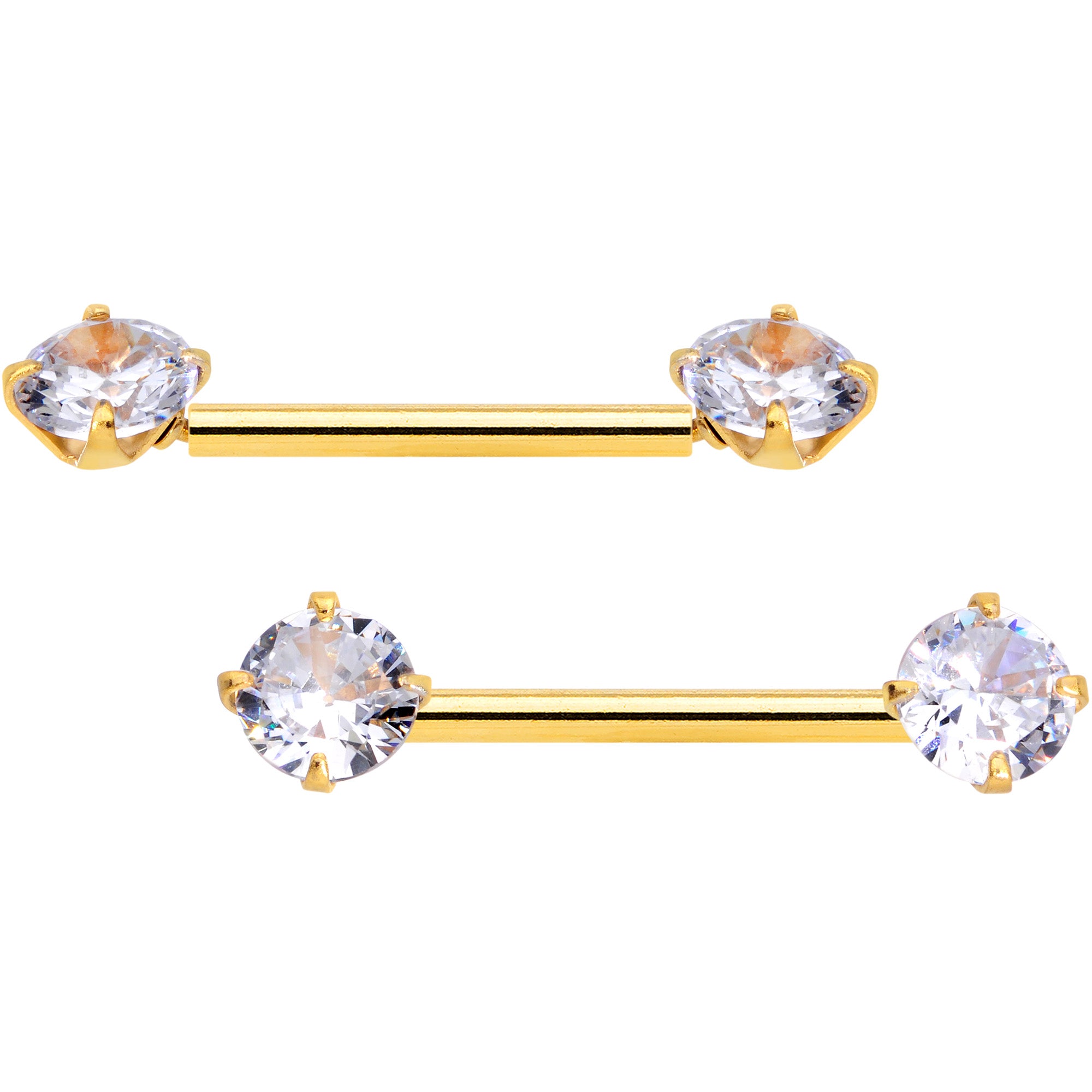 14G 9/16 Clear CZ Gold Tone Threadless Barbell Nipple Ring Set