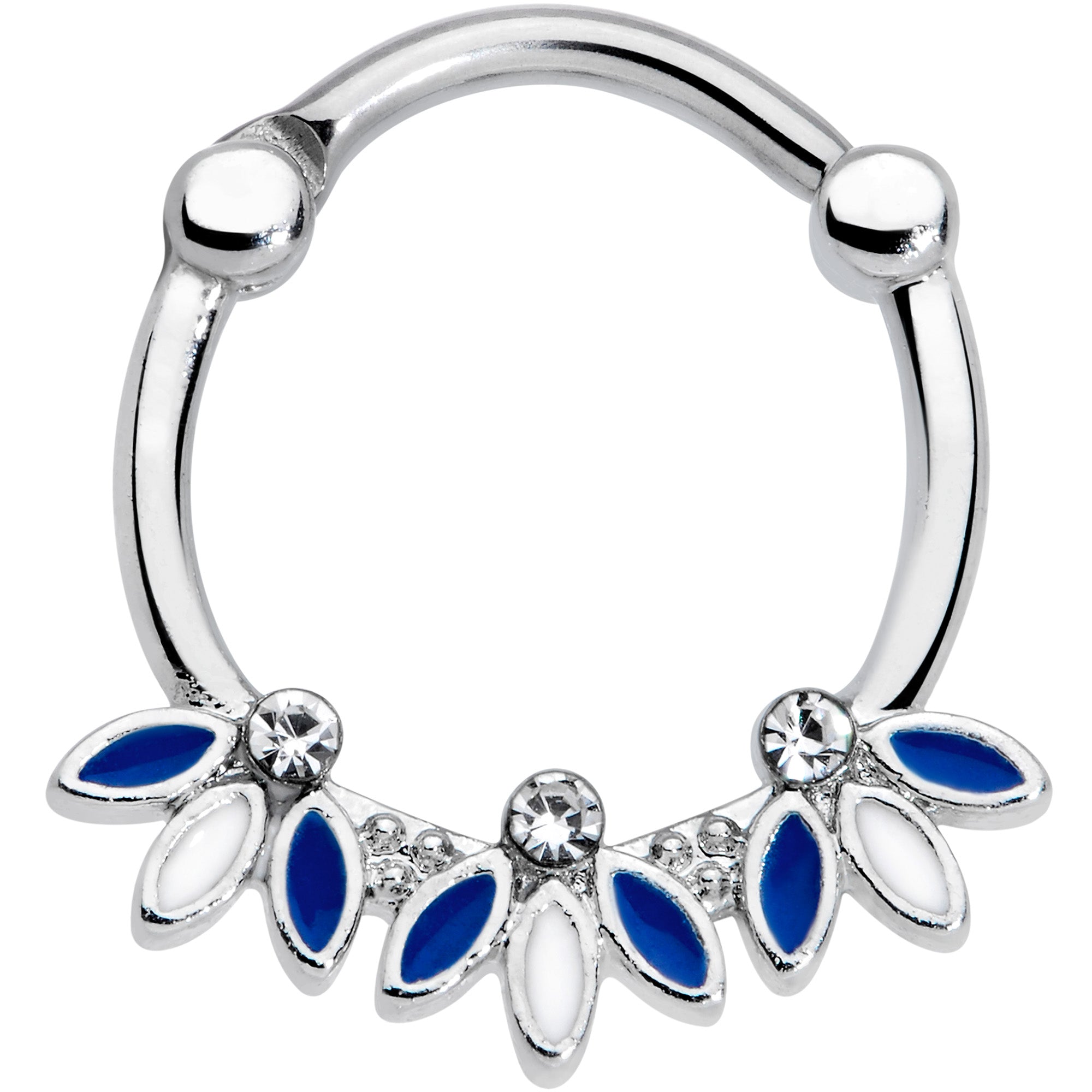 16G 3/8 Clear Gem White Blue Leaves Septum Clicker